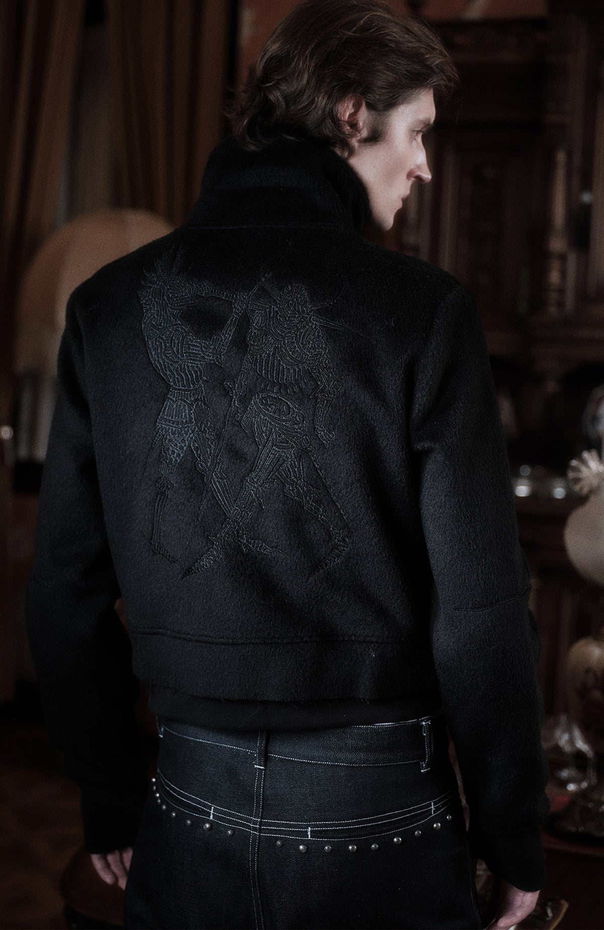 WANNA LAB Embroidered Zip-Up Wool Biker Jacket