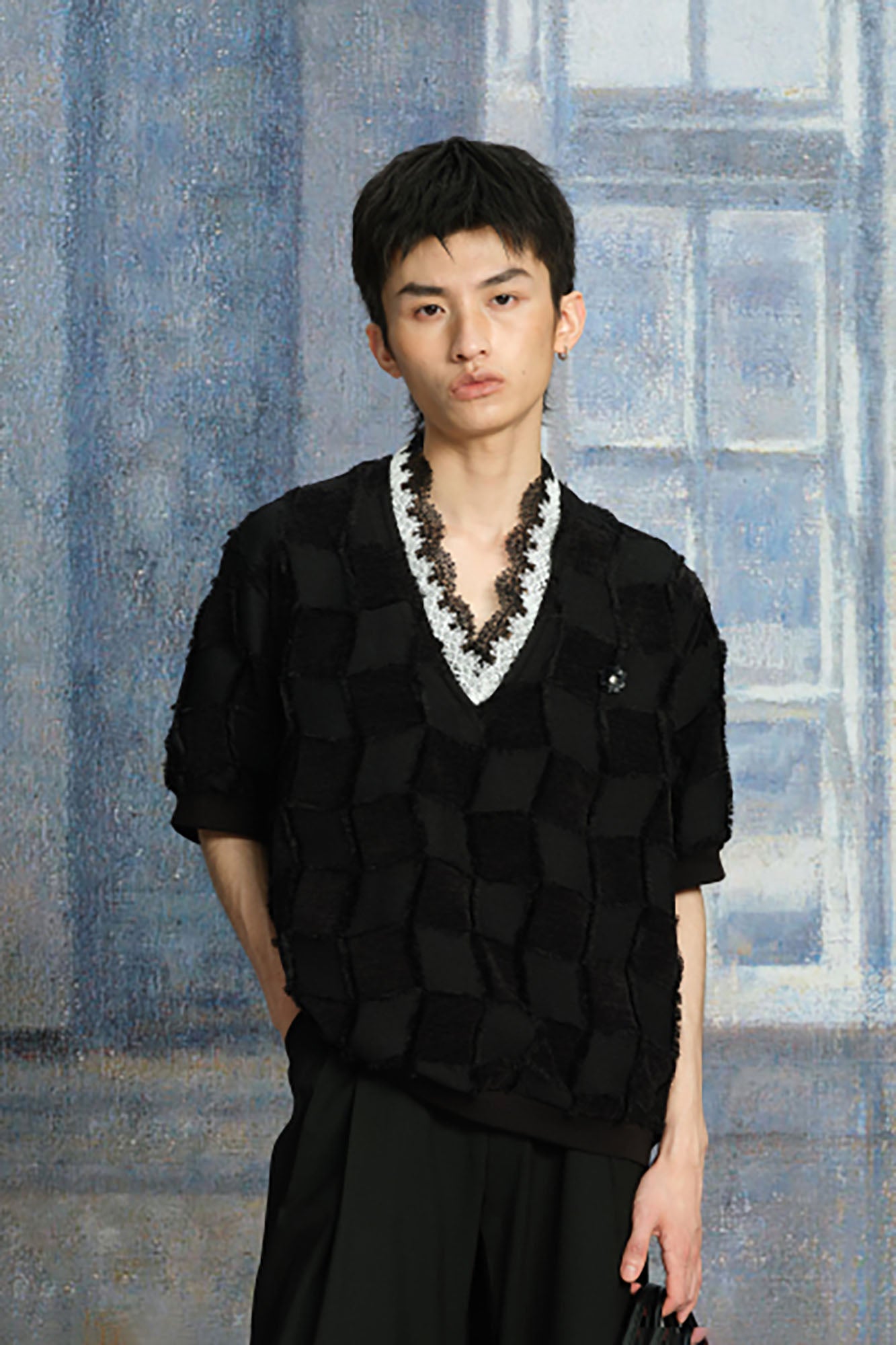 TUIMU Lace-Trim V-Neck Check T-Shirt, premium urban and streetwear designers apparel on PROJECTISR.com, TUIMU
