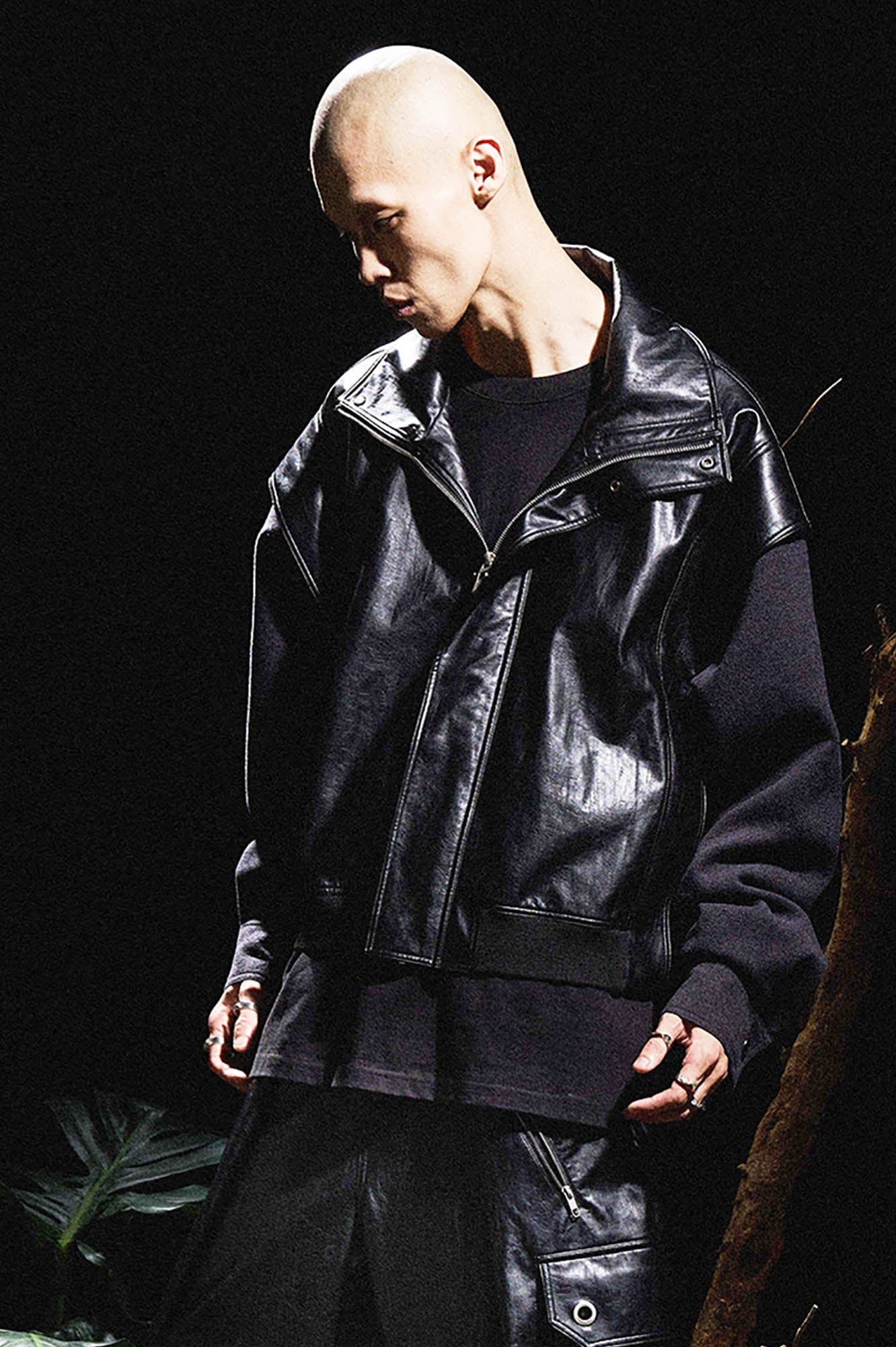 RELABEL Deconstructed Spliced Stand-Collar Faux Leather Jacket, premium urban and streetwear designers apparel on PROJECTISR.com, RELABEL