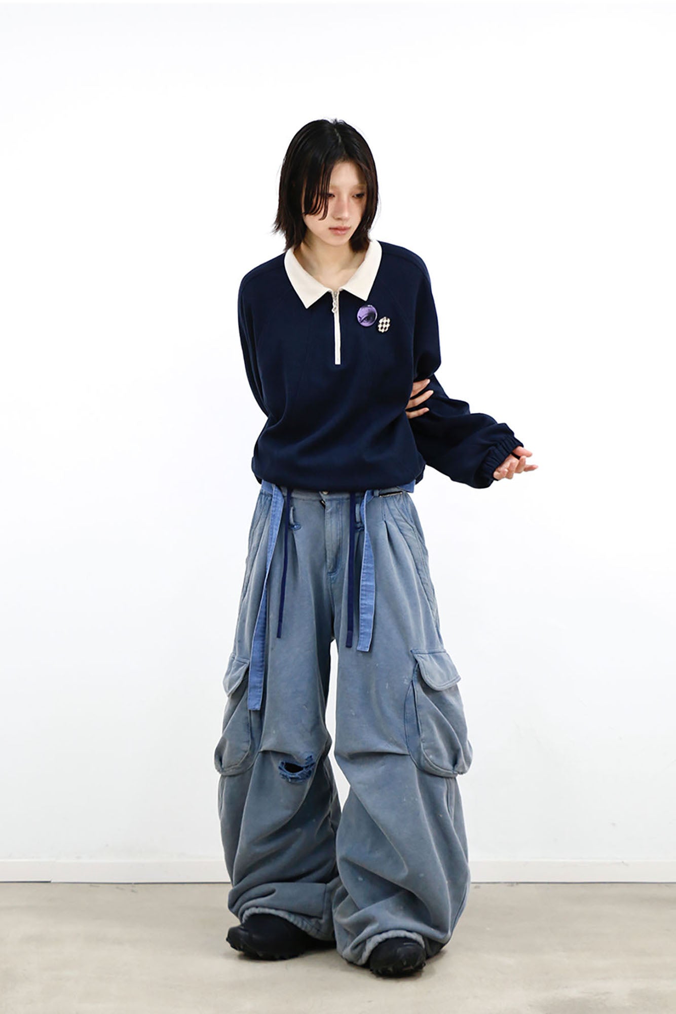 RELABEL Distressed Splatter Double-Waist Cargo Pants, premium urban and streetwear designers apparel on PROJECTISR.com, RELABEL