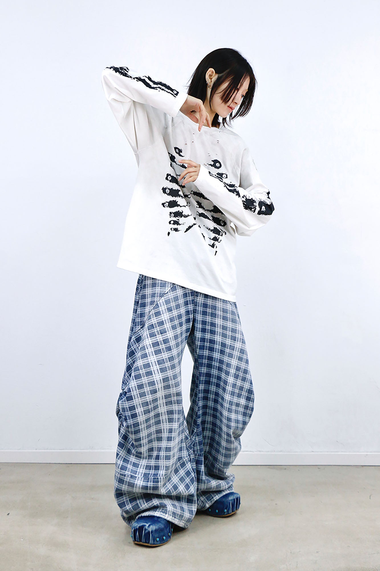 RELABEL Washed Plaid Paneled Oversized Jeans, premium urban and streetwear designers apparel on PROJECTISR.com, RELABEL