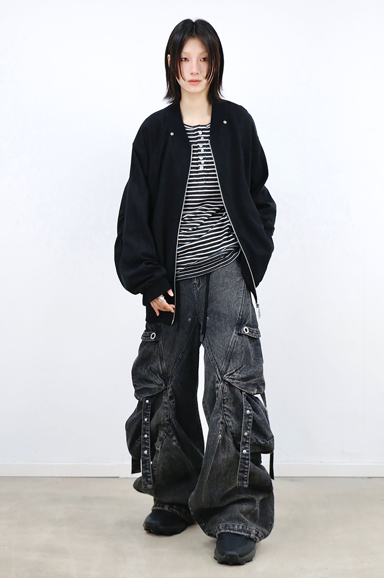 RELABEL Washed Paneled Strap Oversized Cargo Jeans Black, premium urban and streetwear designers apparel on PROJECTISR.com, RELABEL