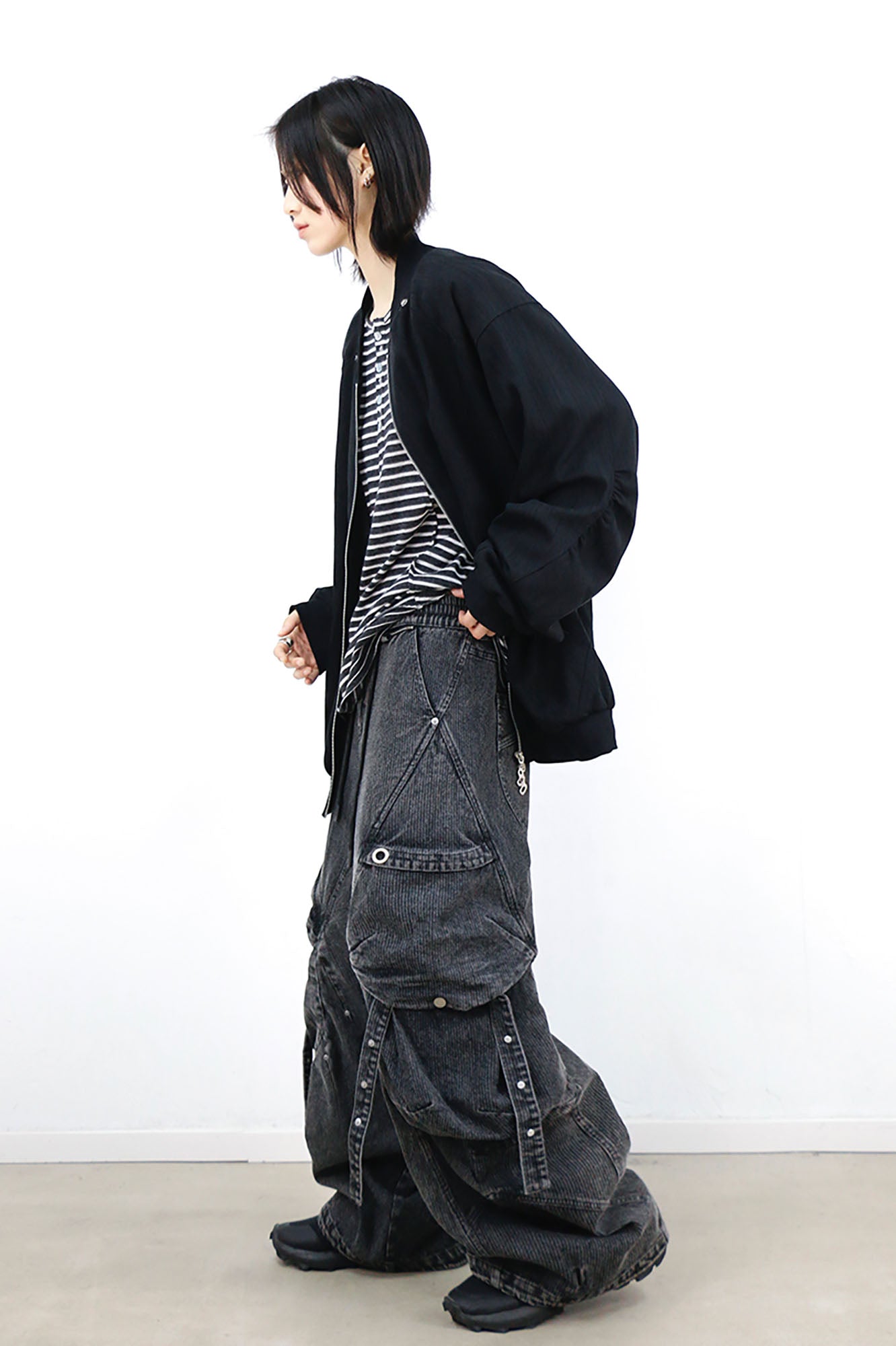 RELABEL Washed Paneled Strap Oversized Cargo Jeans Black, premium urban and streetwear designers apparel on PROJECTISR.com, RELABEL