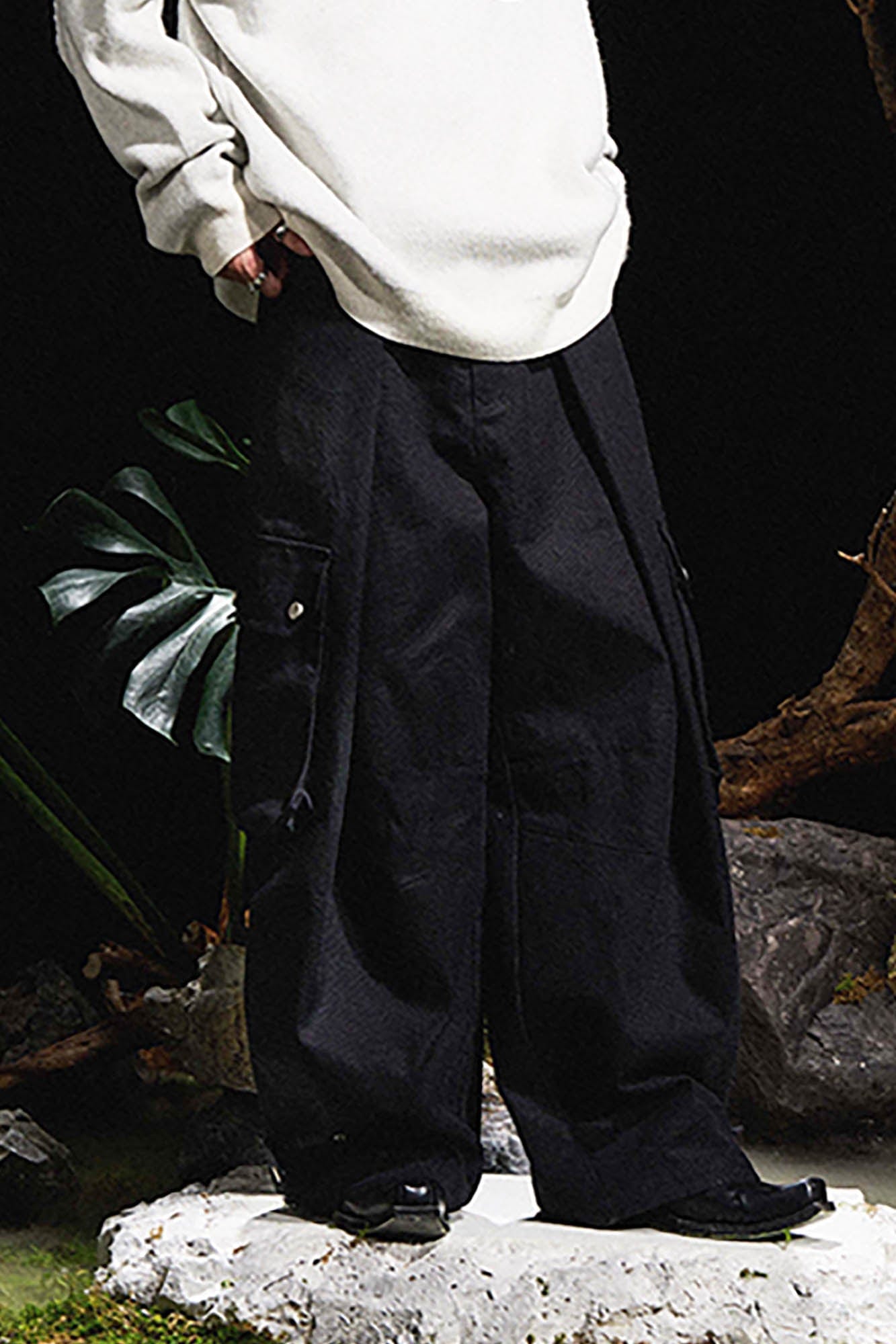 RELABEL Detachable Scarf Pleated Waxed Wide-Leg Cargo, premium urban and streetwear designers apparel on PROJECTISR.com, RELABEL