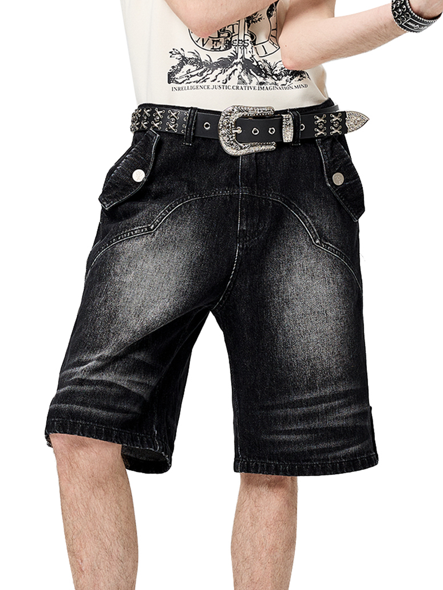 CYCYCY Retro Washed Paneled Denim Shorts