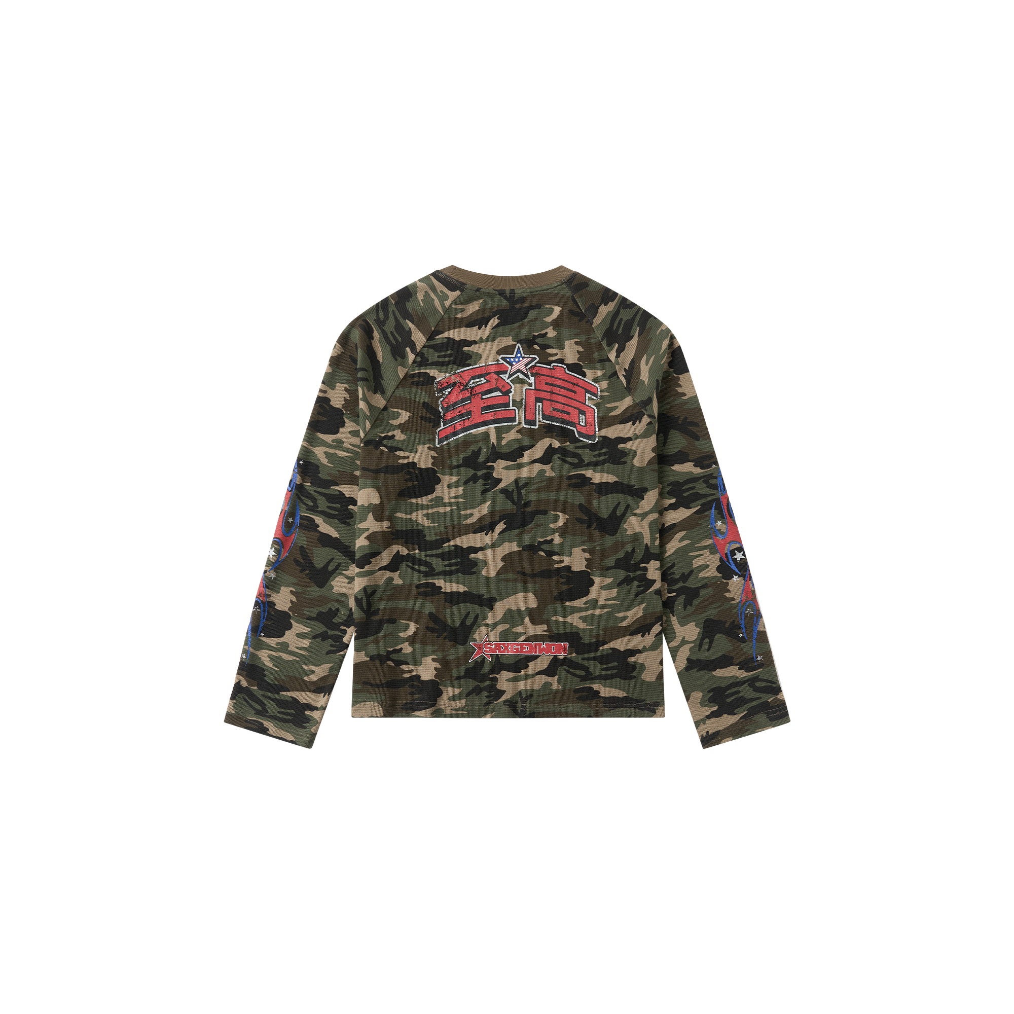 SAVAGEGROWTHWORLD Camo Waffle Knit Graphic Long-Sleeve Tee, premium urban and streetwear designers apparel on PROJECTISR.com, SAVAGEGROWTHWORLD