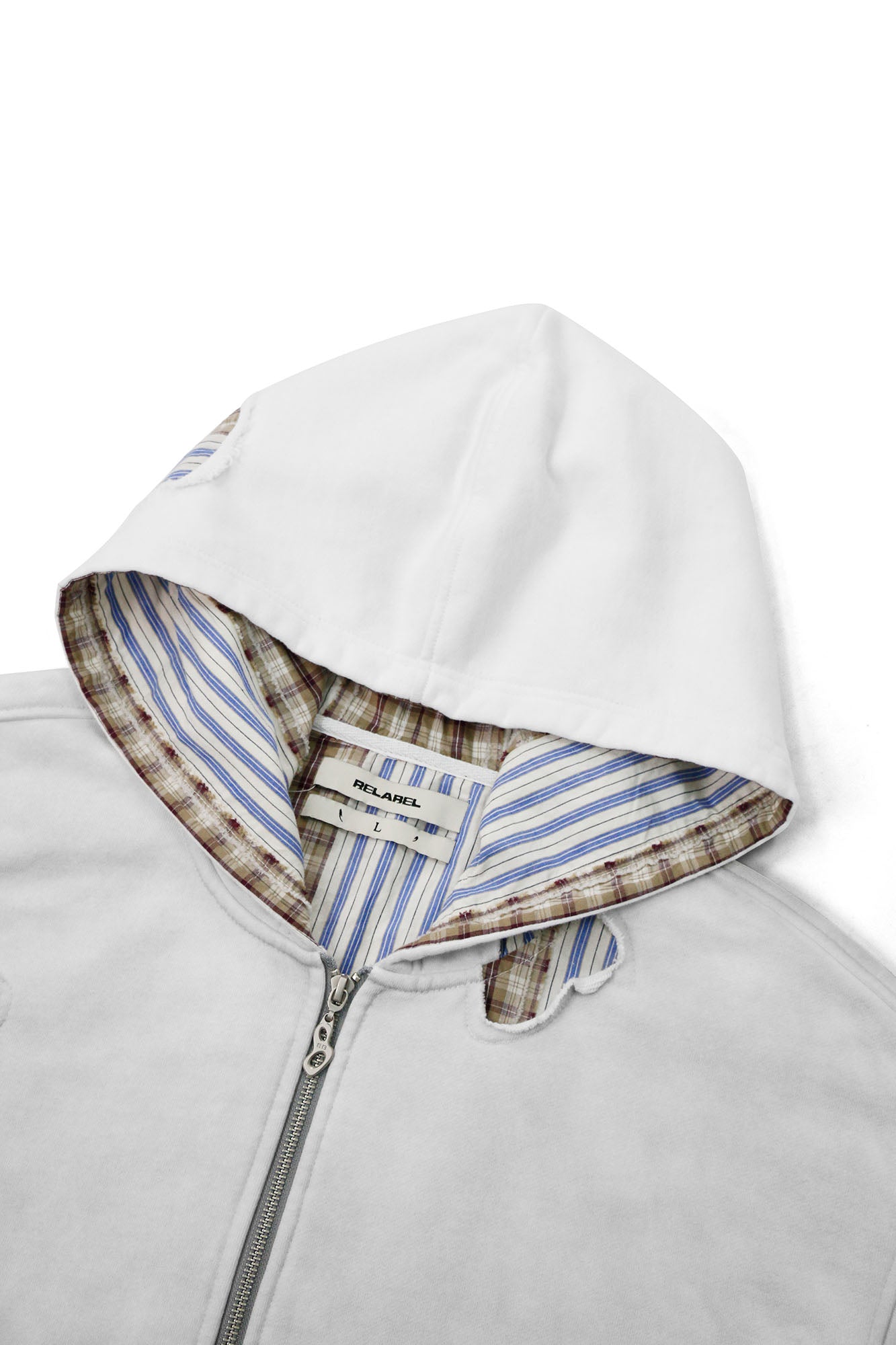 RELABEL Distressed Plaid Cut-Out Layered Hooded Jacket, premium urban and streetwear designers apparel on PROJECTISR.com, RELABEL