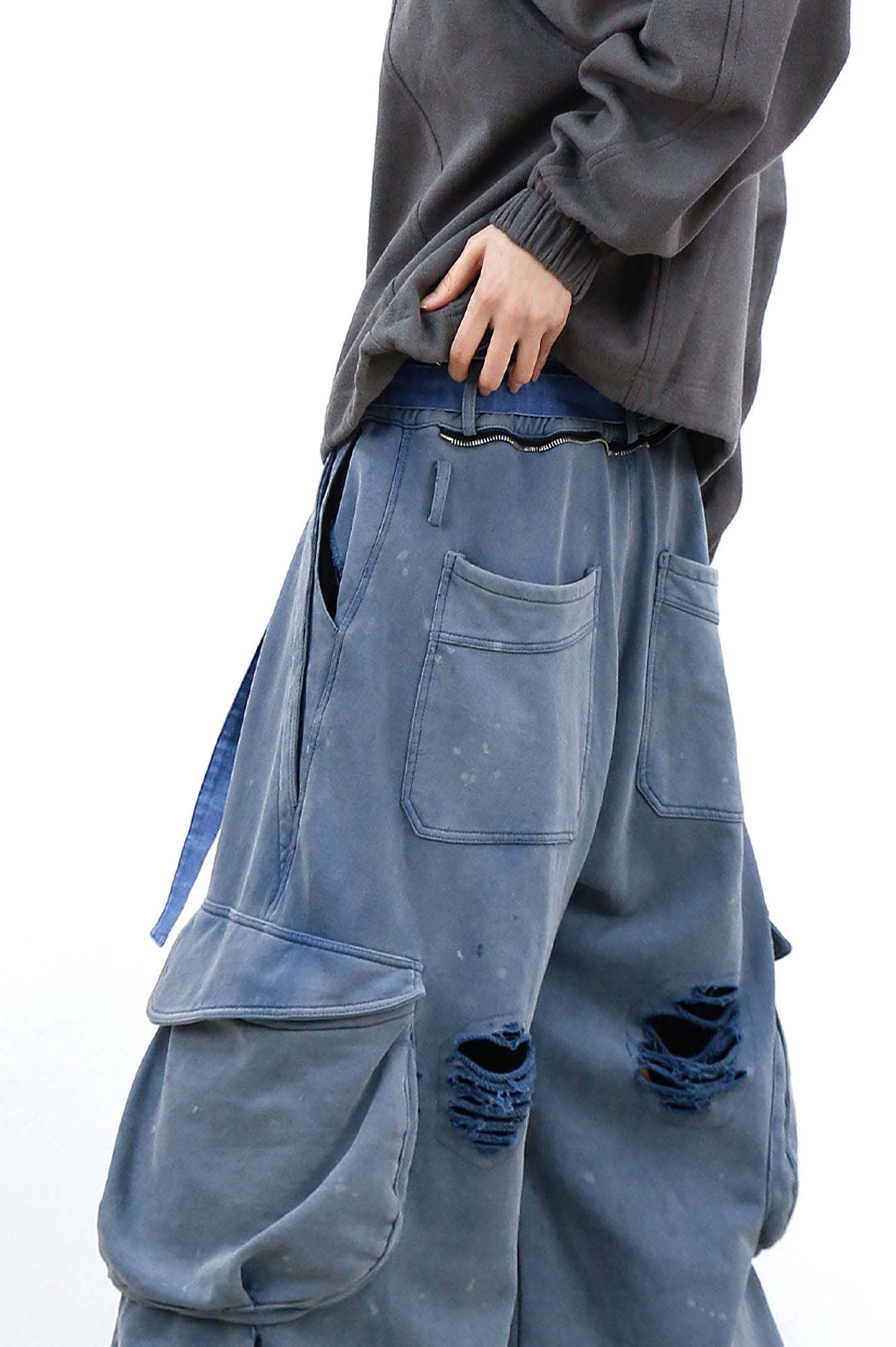 RELABEL Distressed Splatter Double-Waist Cargo Pants, premium urban and streetwear designers apparel on PROJECTISR.com, RELABEL