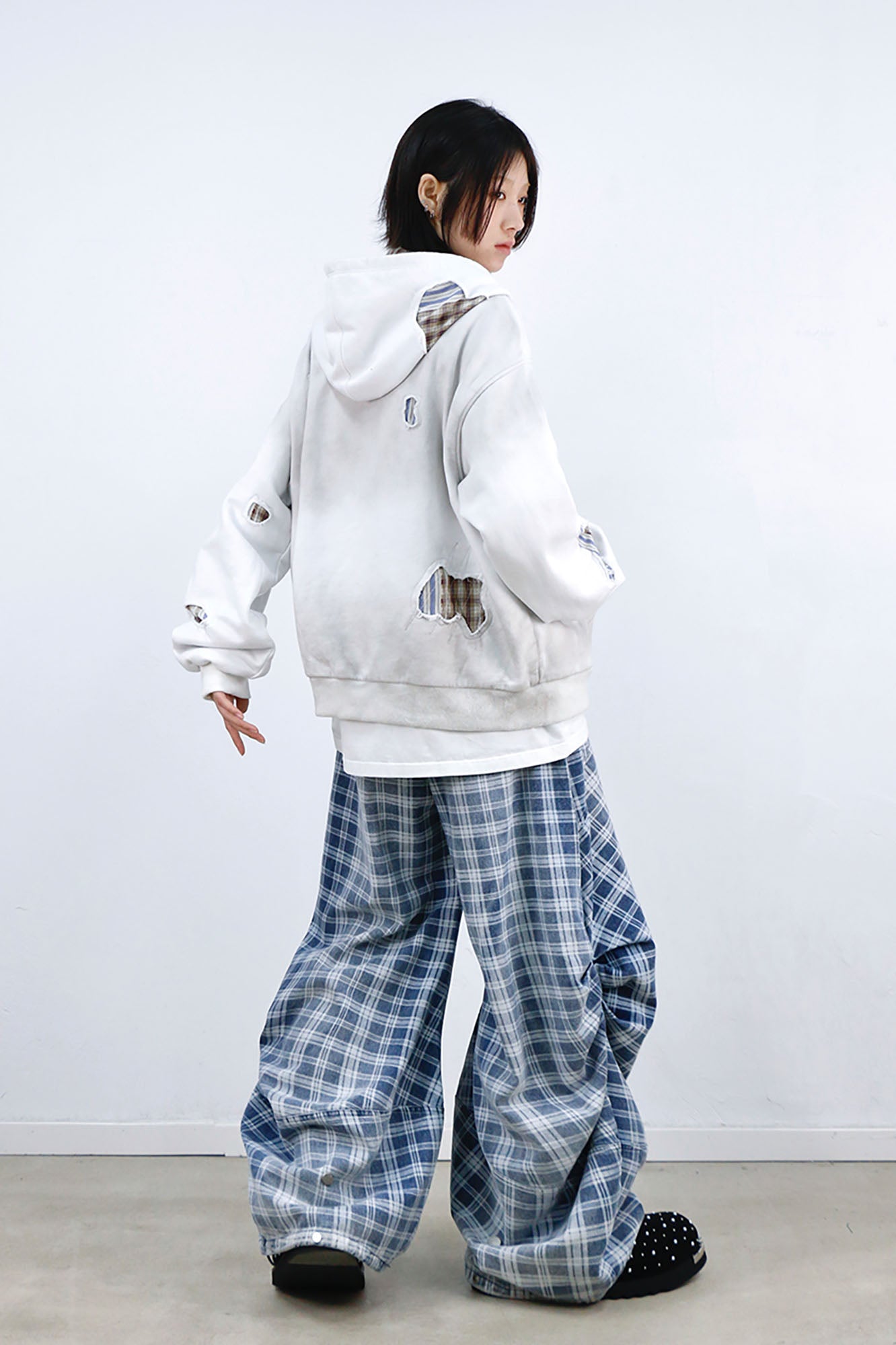RELABEL Washed Plaid Paneled Oversized Jeans, premium urban and streetwear designers apparel on PROJECTISR.com, RELABEL