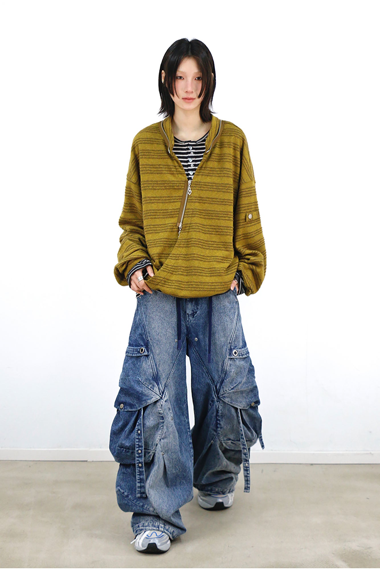 RELABEL Washed Paneled Strap Oversized Cargo Jeans Blue, premium urban and streetwear designers apparel on PROJECTISR.com, RELABEL