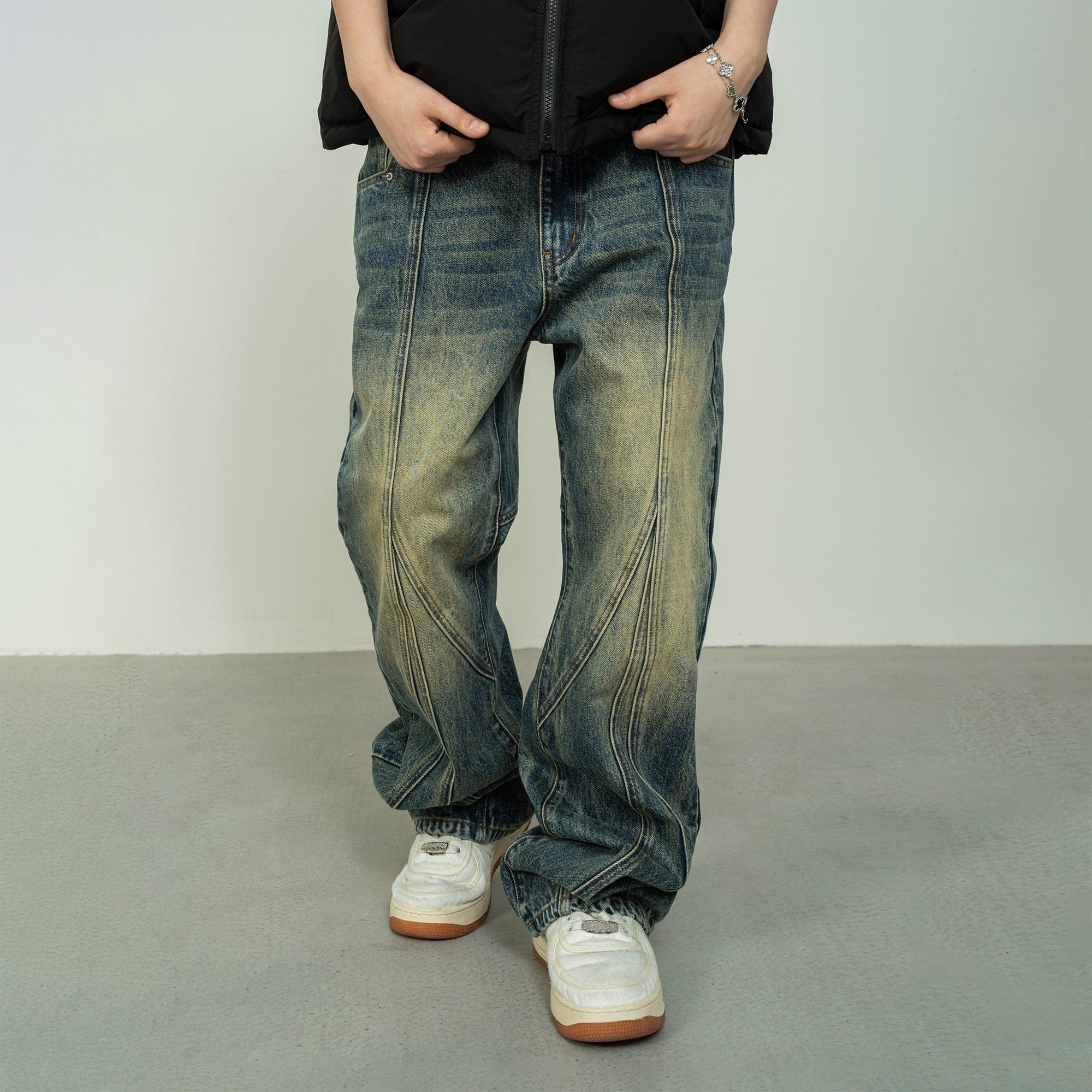 MAKEMORE Deconstructed Washed Rivet Jeans, premium urban and streetwear designers apparel on PROJECTISR.com, MAKEMORE