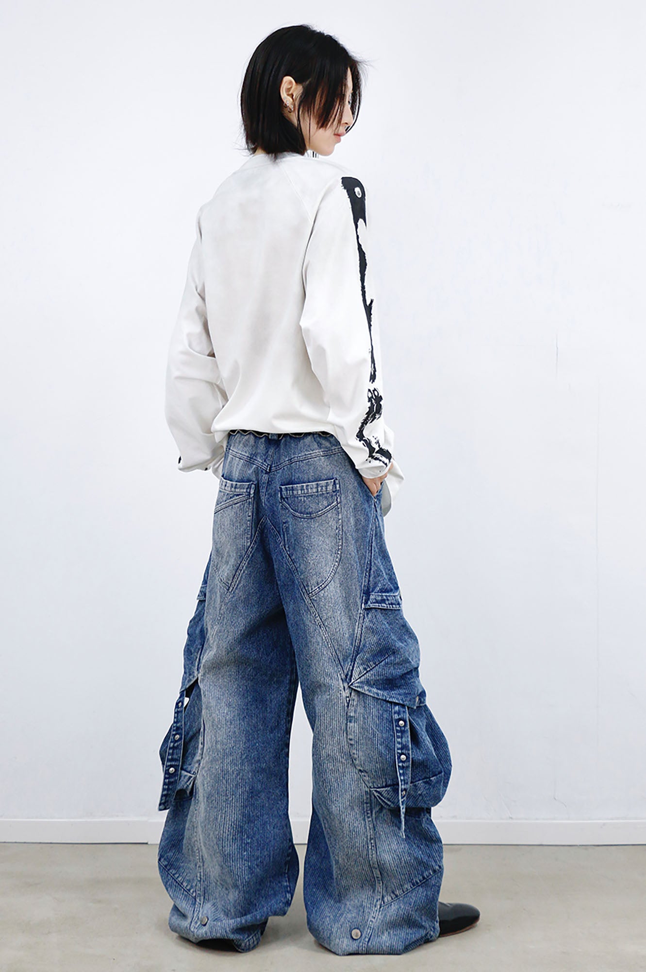RELABEL Washed Paneled Strap Oversized Cargo Jeans Blue, premium urban and streetwear designers apparel on PROJECTISR.com, RELABEL