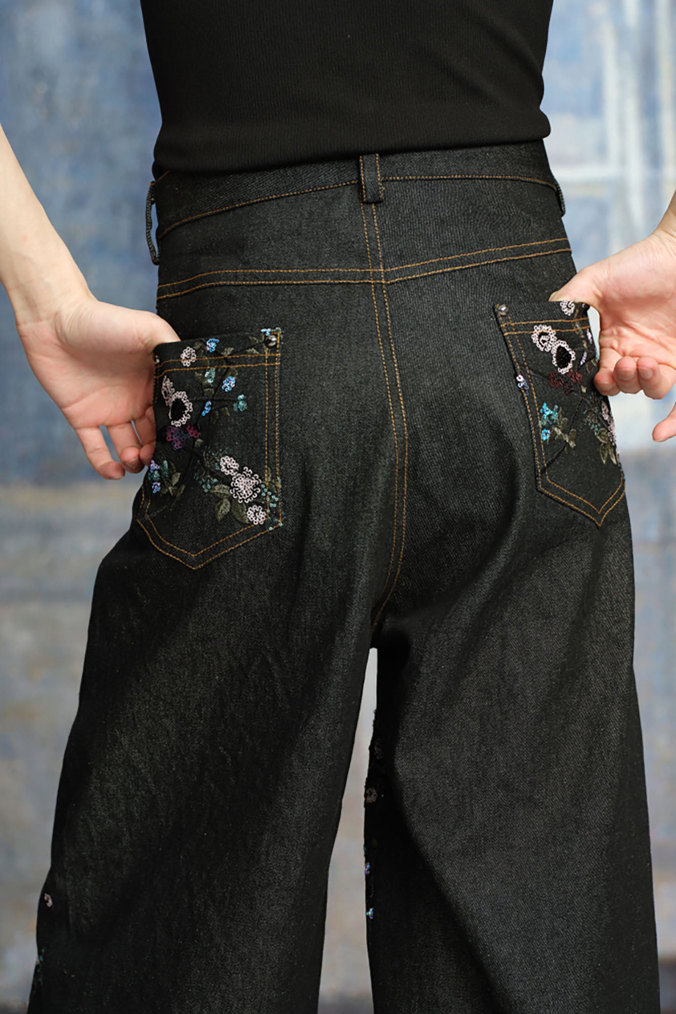 TUIMU Beaded Floral Embroidered Wide-Leg Denim Trousers, premium urban and streetwear designers apparel on PROJECTISR.com, TUIMU