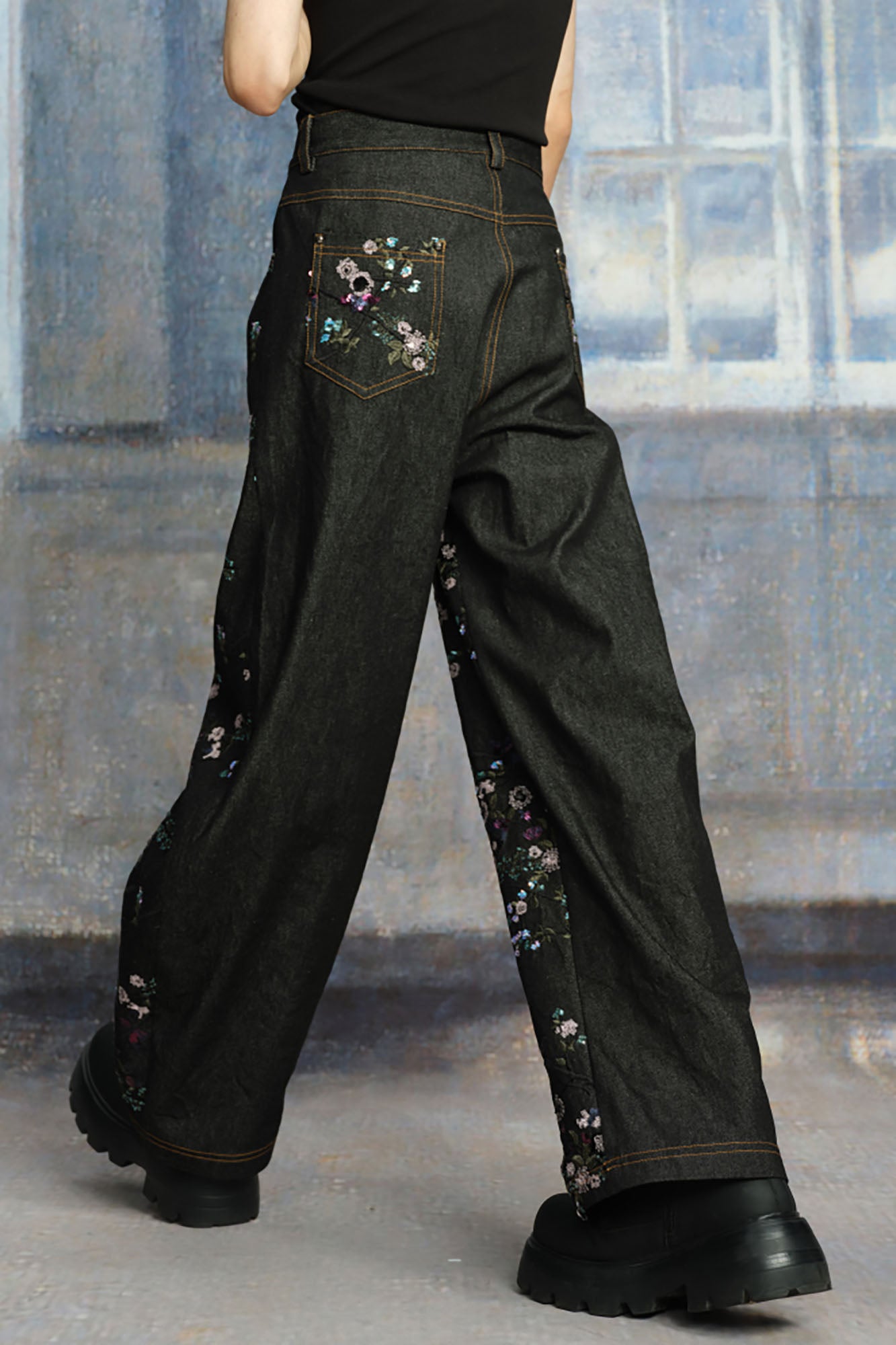 TUIMU Beaded Floral Embroidered Wide-Leg Denim Trousers, premium urban and streetwear designers apparel on PROJECTISR.com, TUIMU
