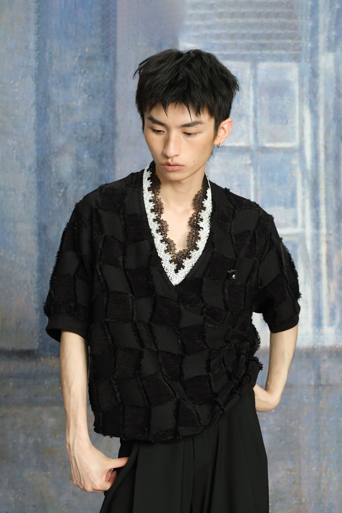 TUIMU Lace-Trim V-Neck Check T-Shirt, premium urban and streetwear designers apparel on PROJECTISR.com, TUIMU
