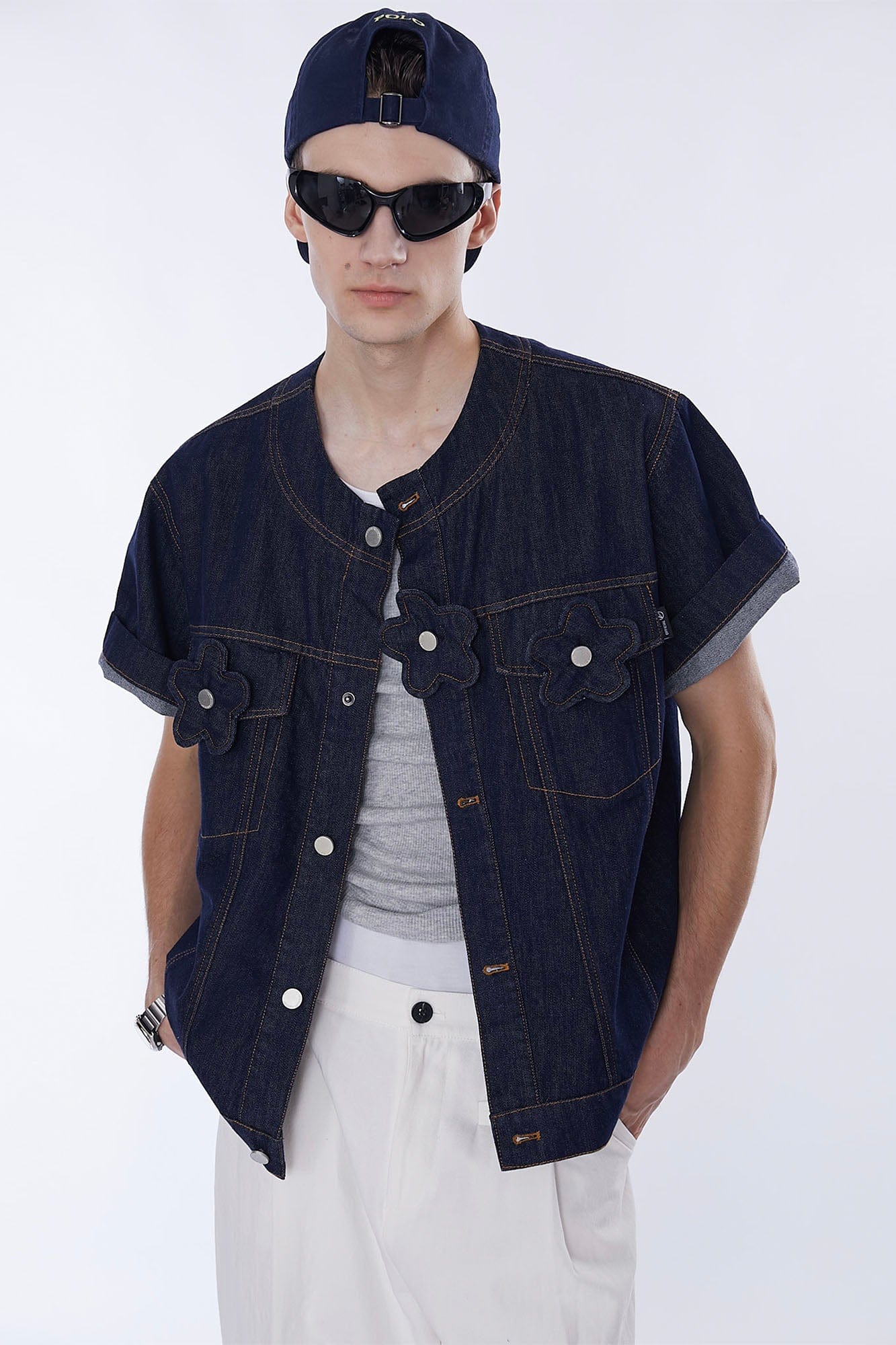 ASSEEN Flower Patchwork Stitched Raw Denim Half Shirt, premium urban and streetwear designers apparel on PROJECTISR.com, ASSEEN