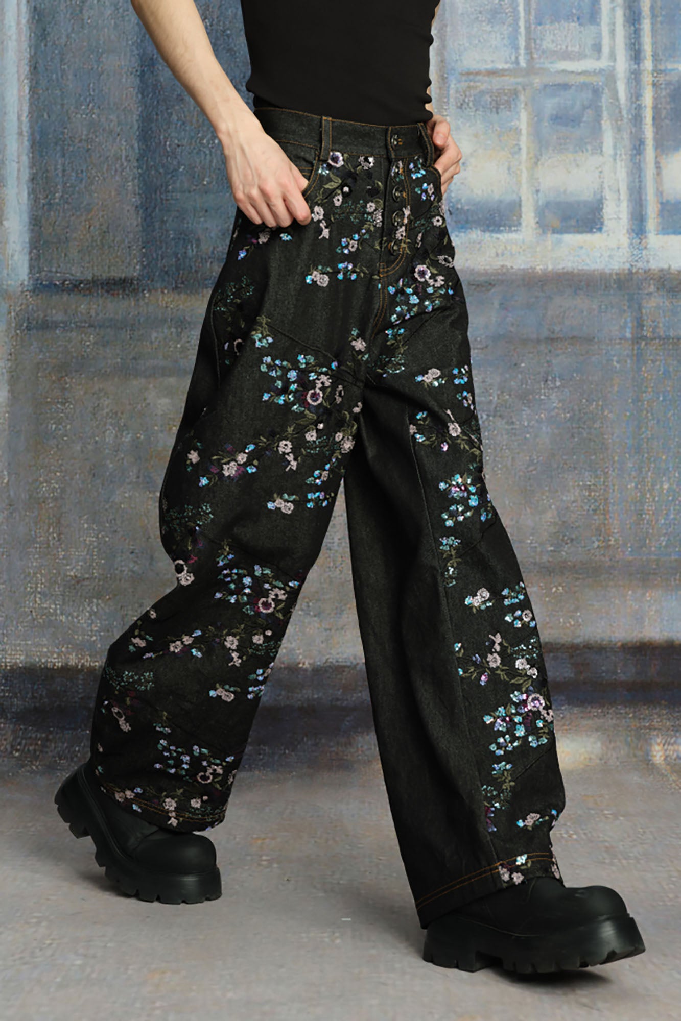 TUIMU Beaded Floral Embroidered Wide-Leg Denim Trousers, premium urban and streetwear designers apparel on PROJECTISR.com, TUIMU