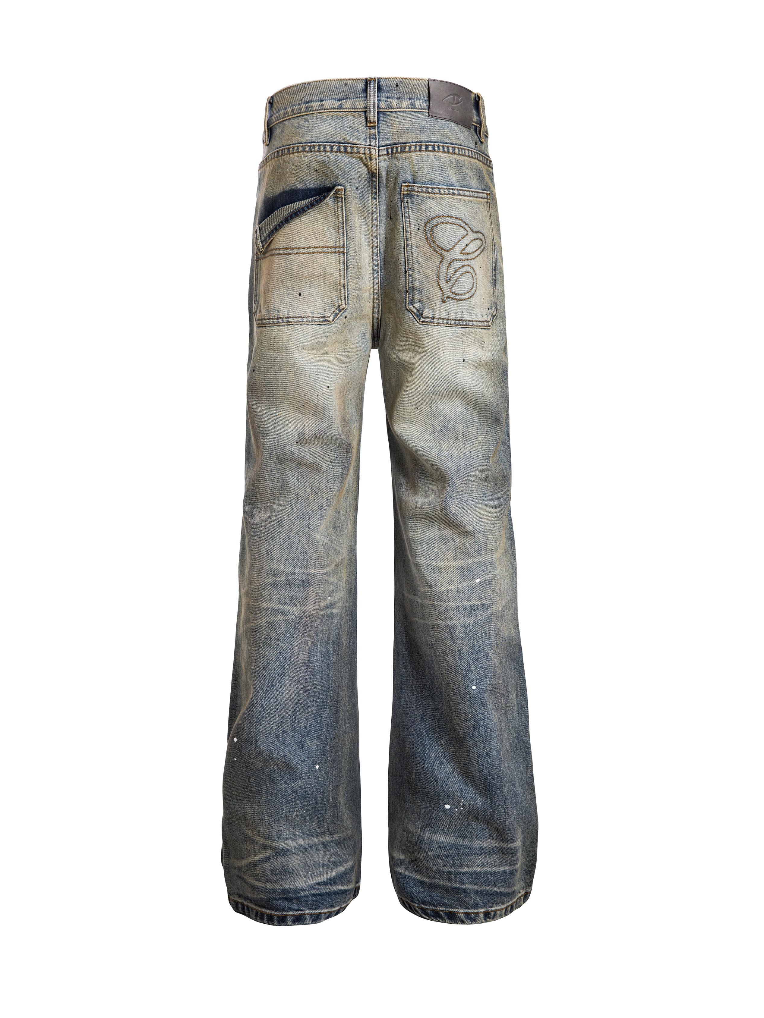 CATSSTAC Washed Sunfade Paint-Splatter Wide-Leg Jeans, premium urban and streetwear designers apparel on PROJECTISR.com, CATSSTAC