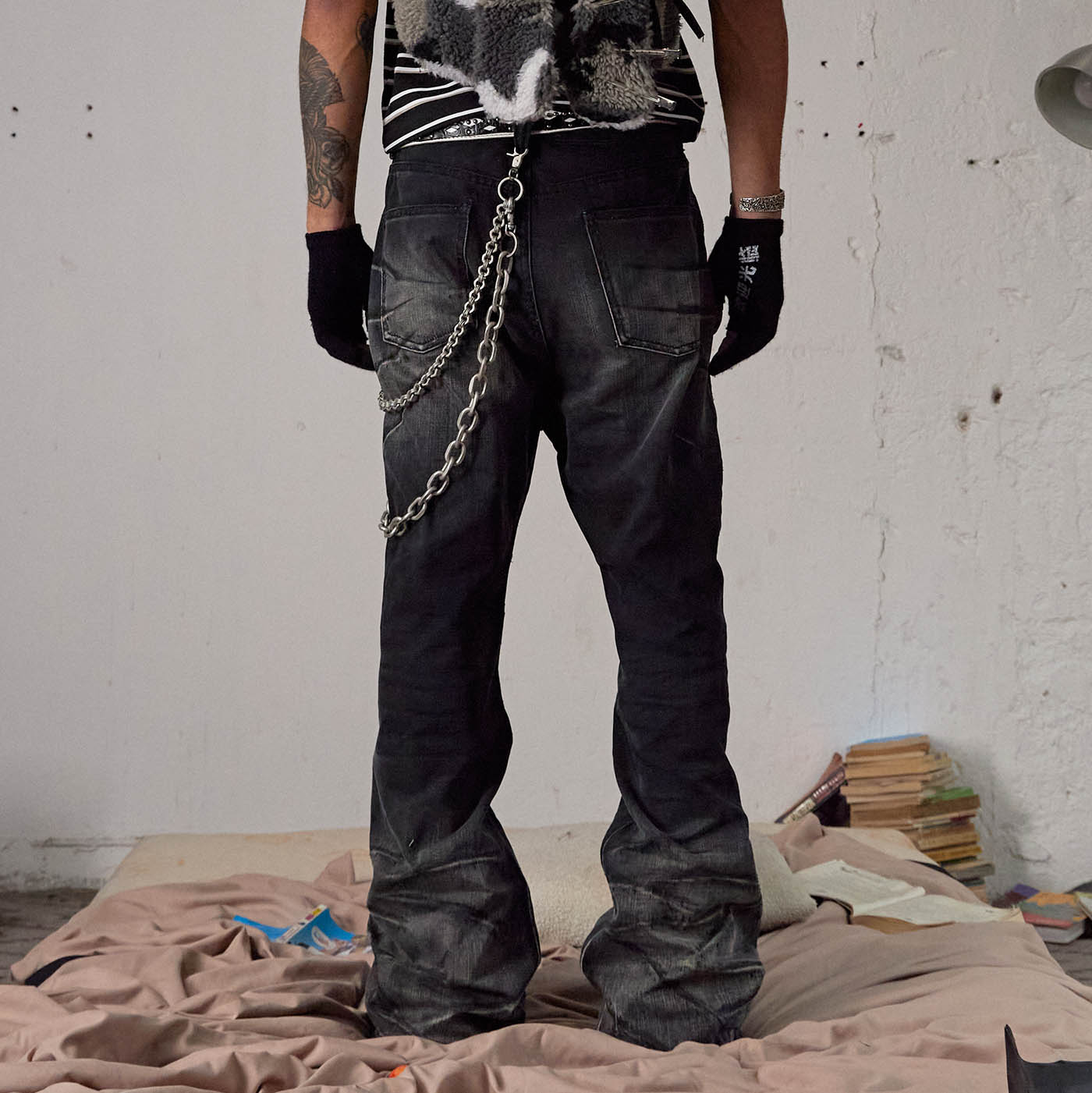 DND4DES Scratch Marks Distressed Flared Jeans Black, premium urban and streetwear designers apparel on PROJECTISR.com, DND4DES
