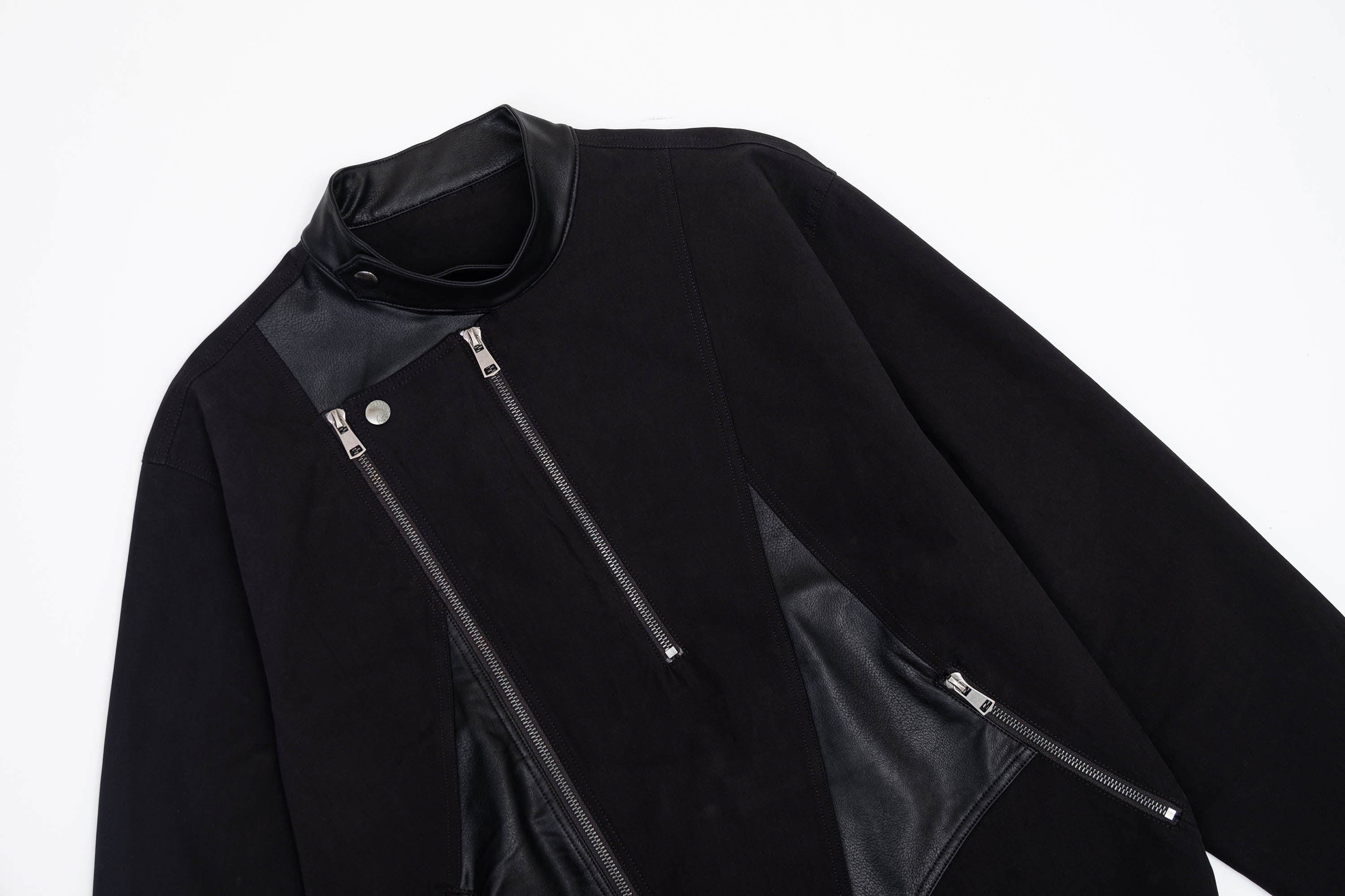 IN EXISTENCE Multi-Zip Asymmetrical Spliced Leather Biker Jacket, premium urban and streetwear designers apparel on PROJECTISR.com, IN EXISTENCE