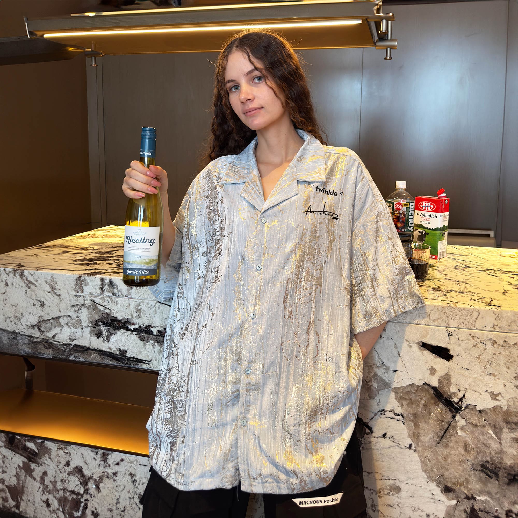 MIICHOUS Metallic Foil Brushed Embroidered Cuban Half Shirt