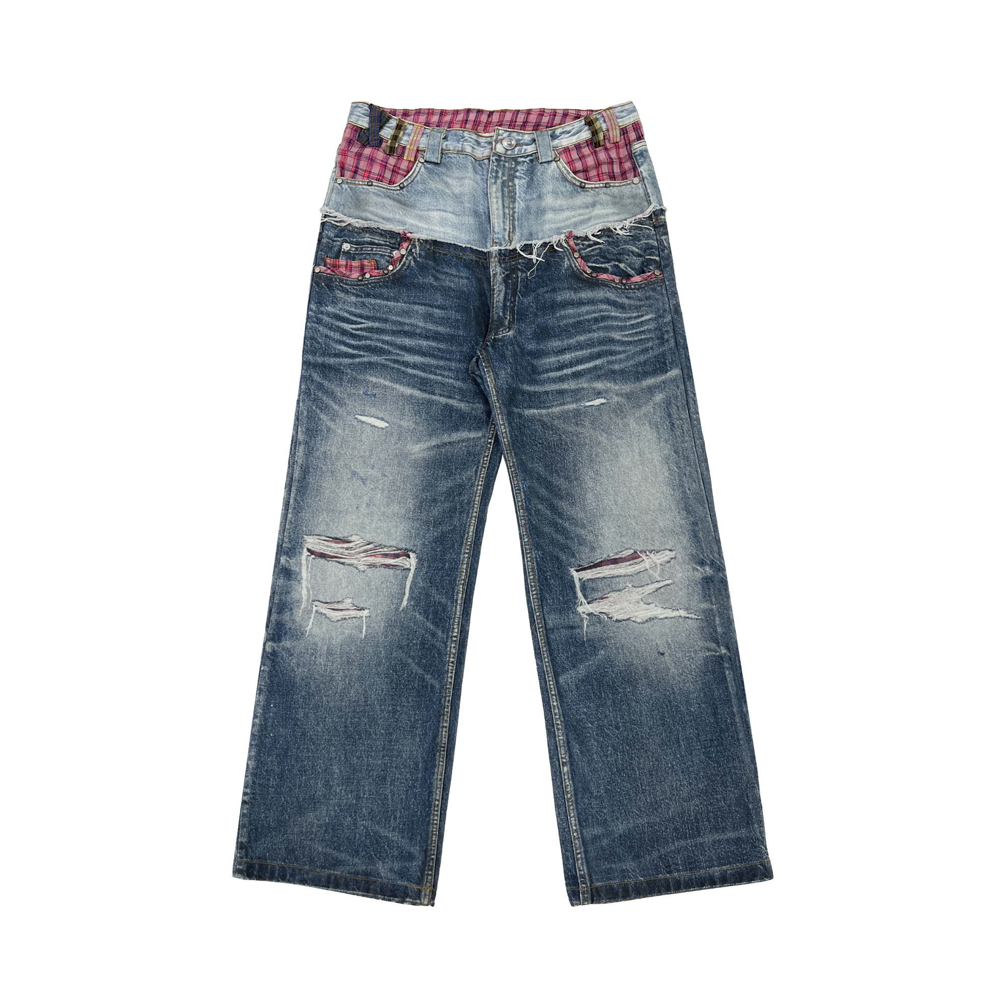 TECNINEGROUP Washed Plaid Paneled Double-Waist Jeans