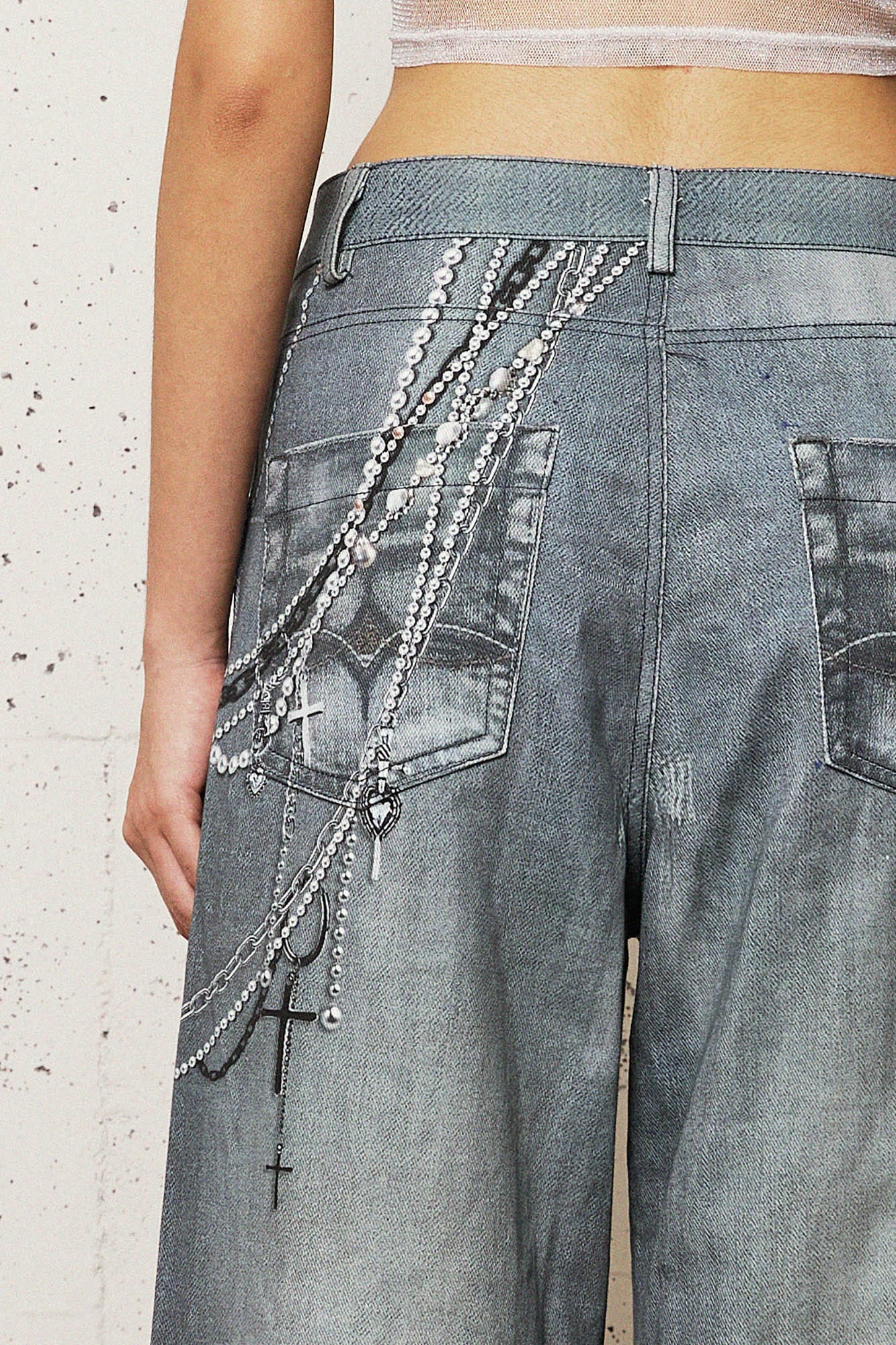 DND4DESxFaychui Pearl Chain Graphics Distressed Flared Jeans, premium urban and streetwear designers apparel on PROJECTISR.com, DND4DES