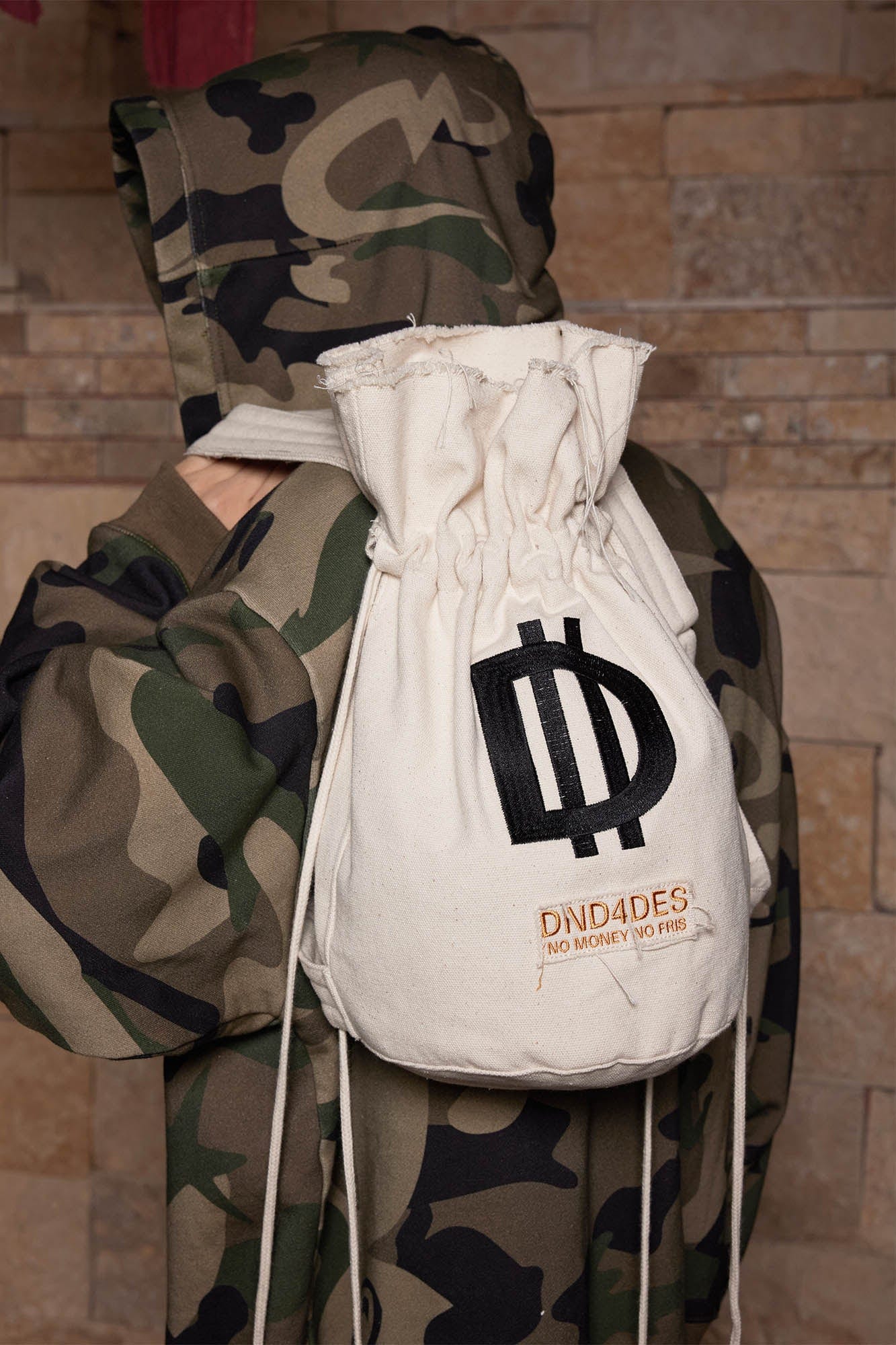 DND4DES LOGO Drawstring Bucket Backpack, premium urban and streetwear designers apparel on PROJECTISR.com, DND4DES