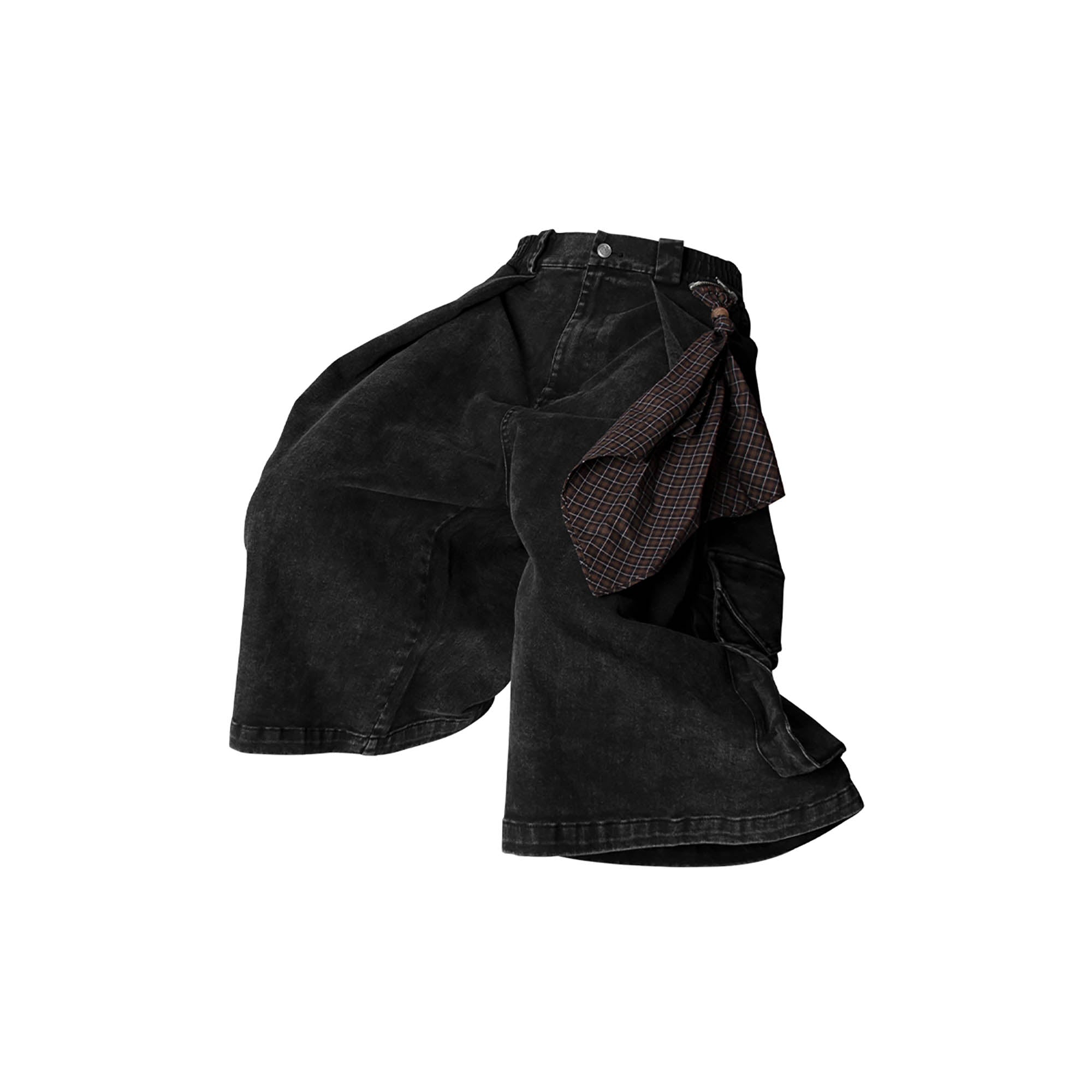 RELABEL Detachable Scarf Washed Multi-Pocket Wide-Leg Shorts Black, premium urban and streetwear designers apparel on PROJECTISR.com, RELABEL