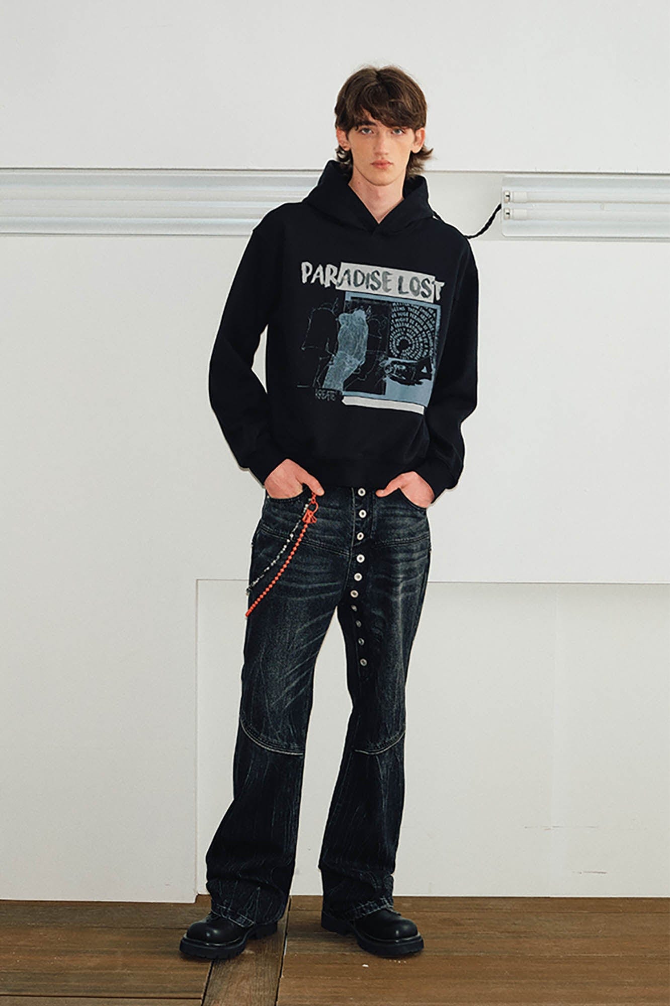 KREATE Arc Spliced Extended Button-Fly Jeans, premium urban and streetwear designers apparel on PROJECTISR.com, KREATE
