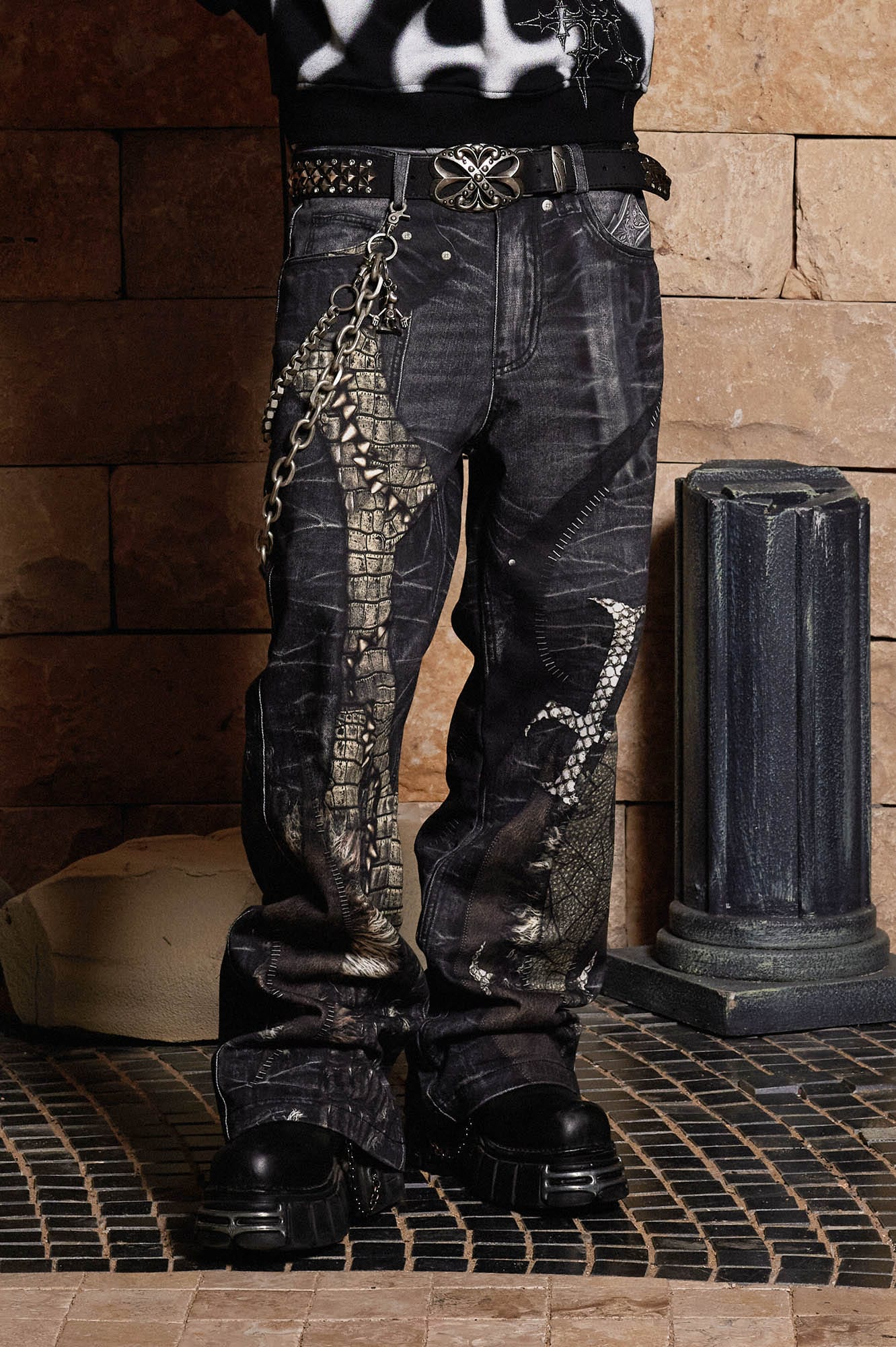 DND4DES Cross Crocodile Spliced Flared Jeans, premium urban and streetwear designers apparel on PROJECTISR.com, DND4DES