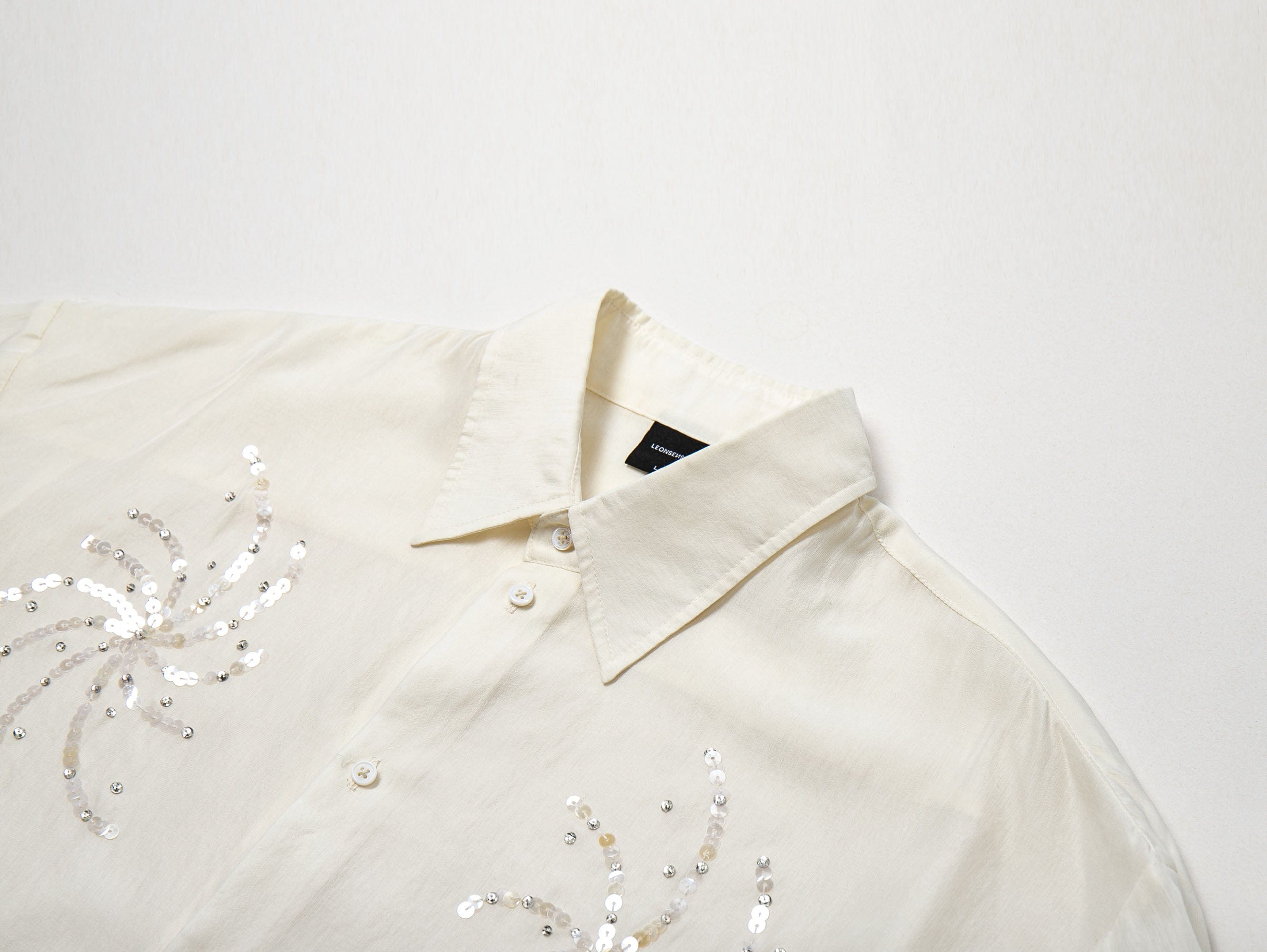 LEONSENSE Firework Embroidered Sequin Sheer Tencel Shirt, premium urban and streetwear designers apparel on PROJECTISR.com, LEONSENSE