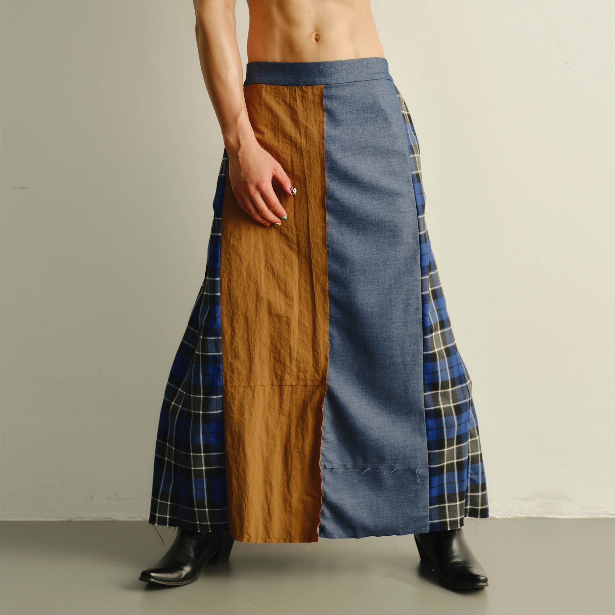 KADAKADA Paneled Reversible Plaid Raw-Edge Maxi Skirt, premium urban and streetwear designers apparel on PROJECTISR.com, KADAKADA