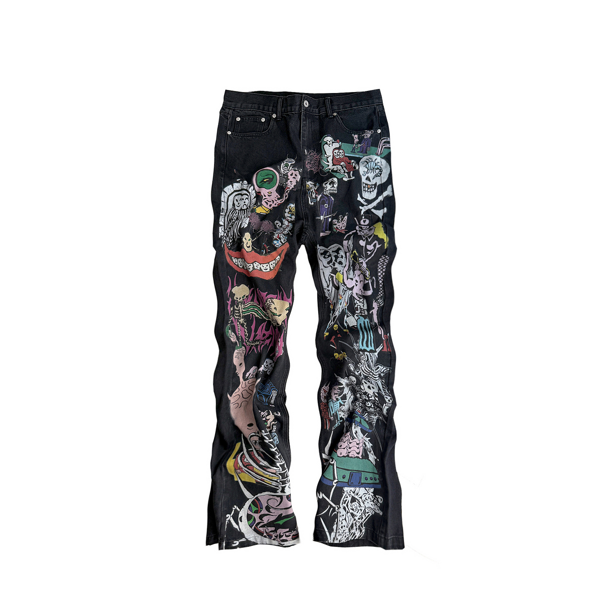 CINDER VEIN Full-Print Skull Washed Flared Jeans