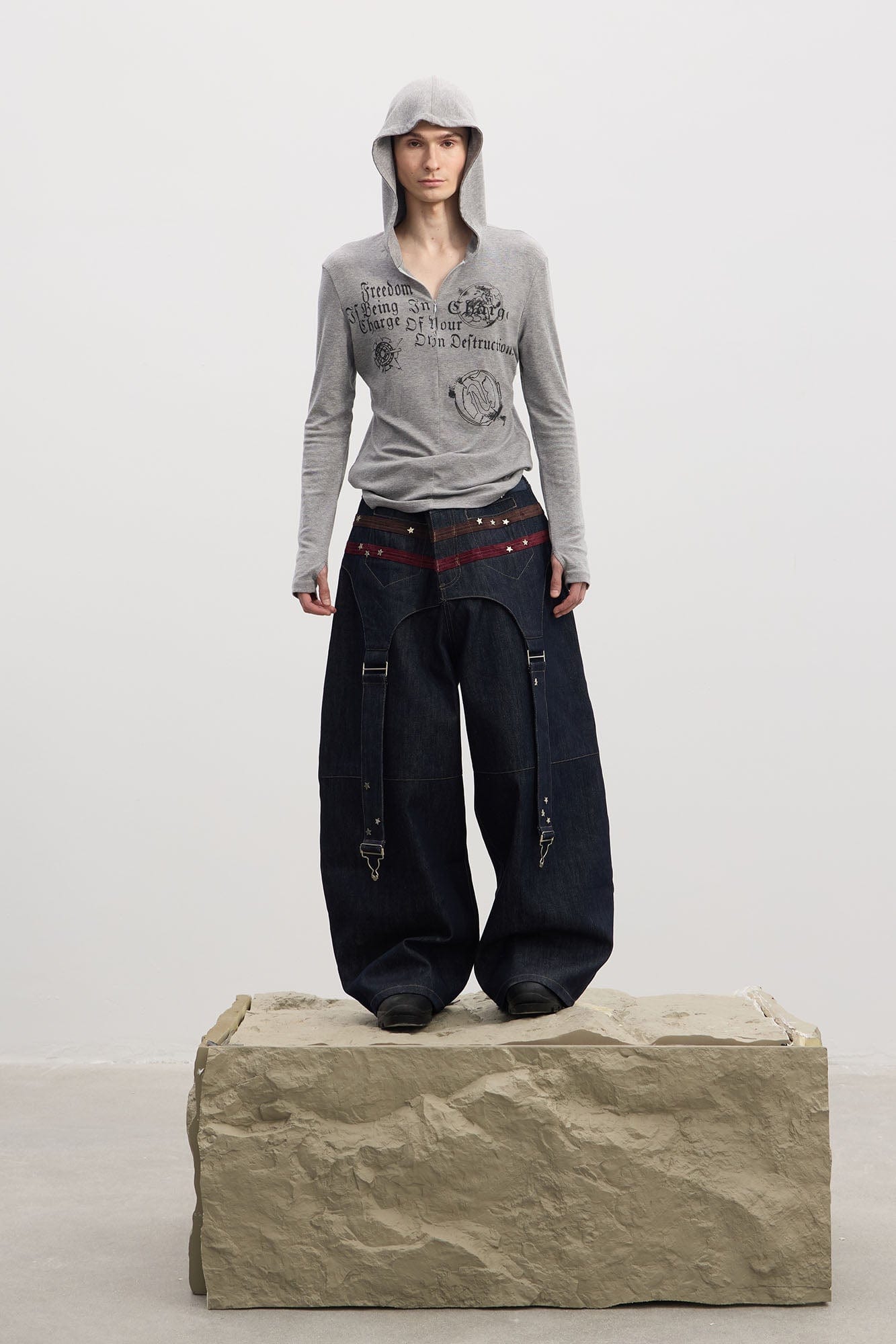 DND4DES Star-Rivet Harness-Layered Curved Jeans, premium urban and streetwear designers apparel on PROJECTISR.com, DND4DES