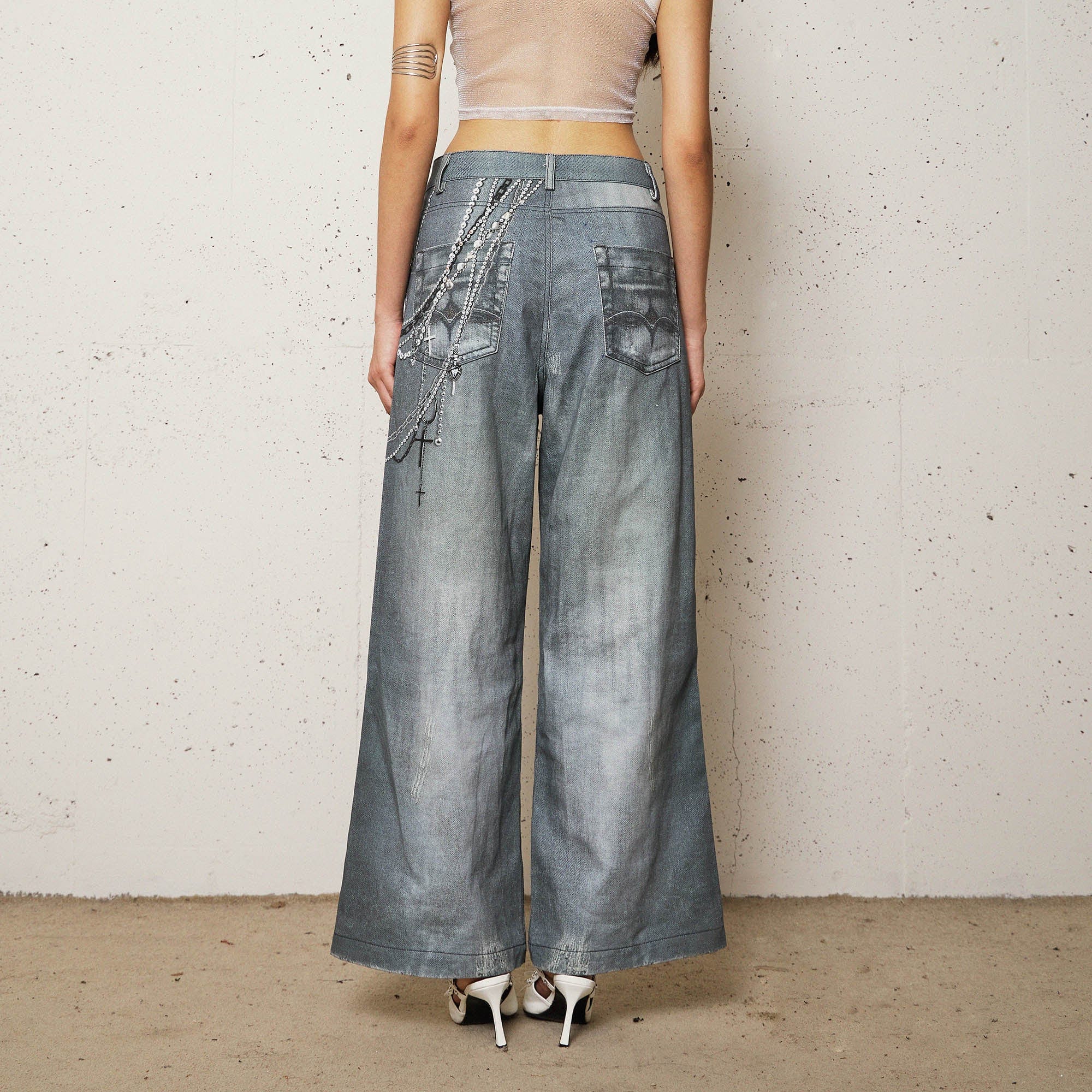 DND4DESxFaychui Pearl Chain Graphics Distressed Flared Jeans, premium urban and streetwear designers apparel on PROJECTISR.com, DND4DES