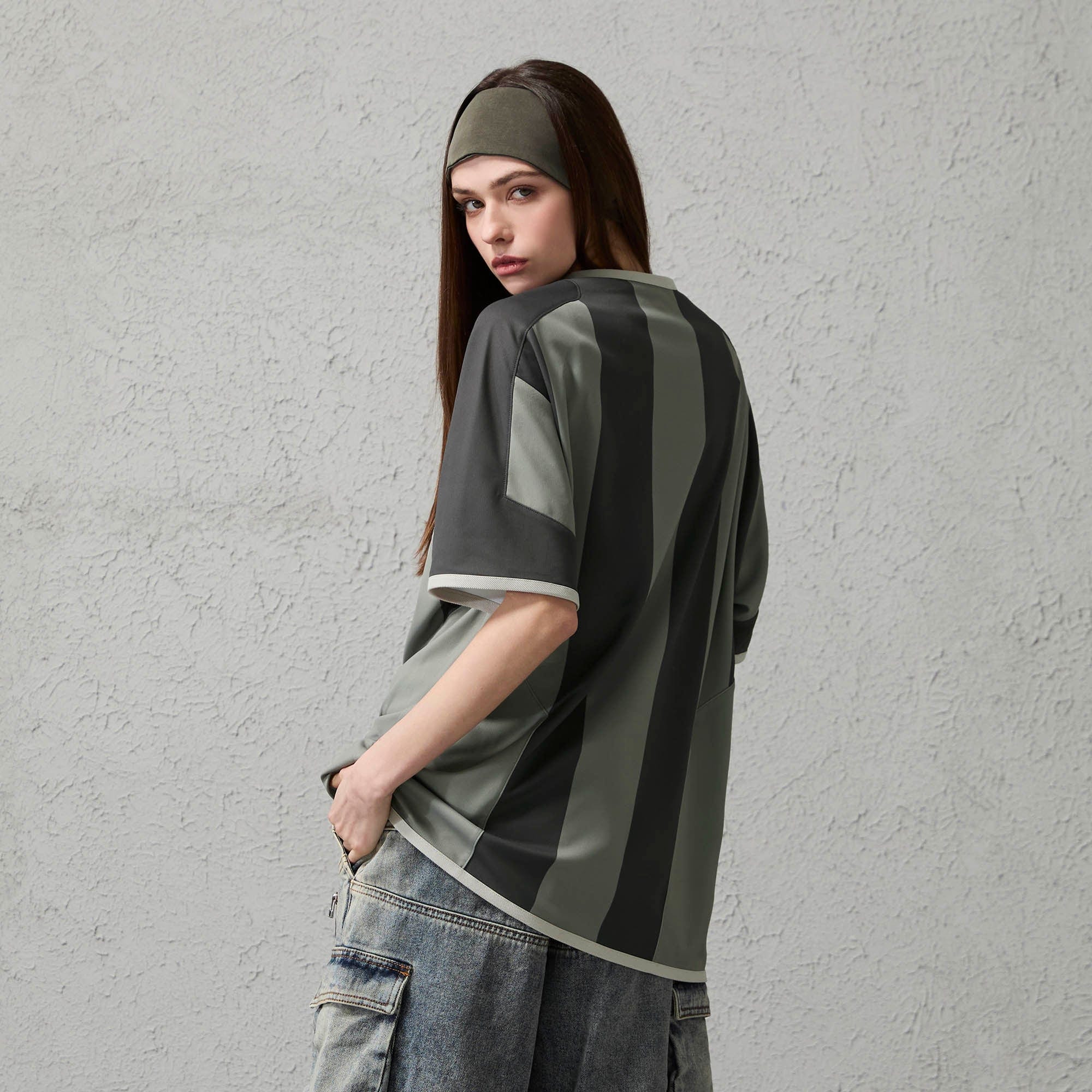 ORGANIC EMOTION Never Work Slogan Stripes Spliced Jersey