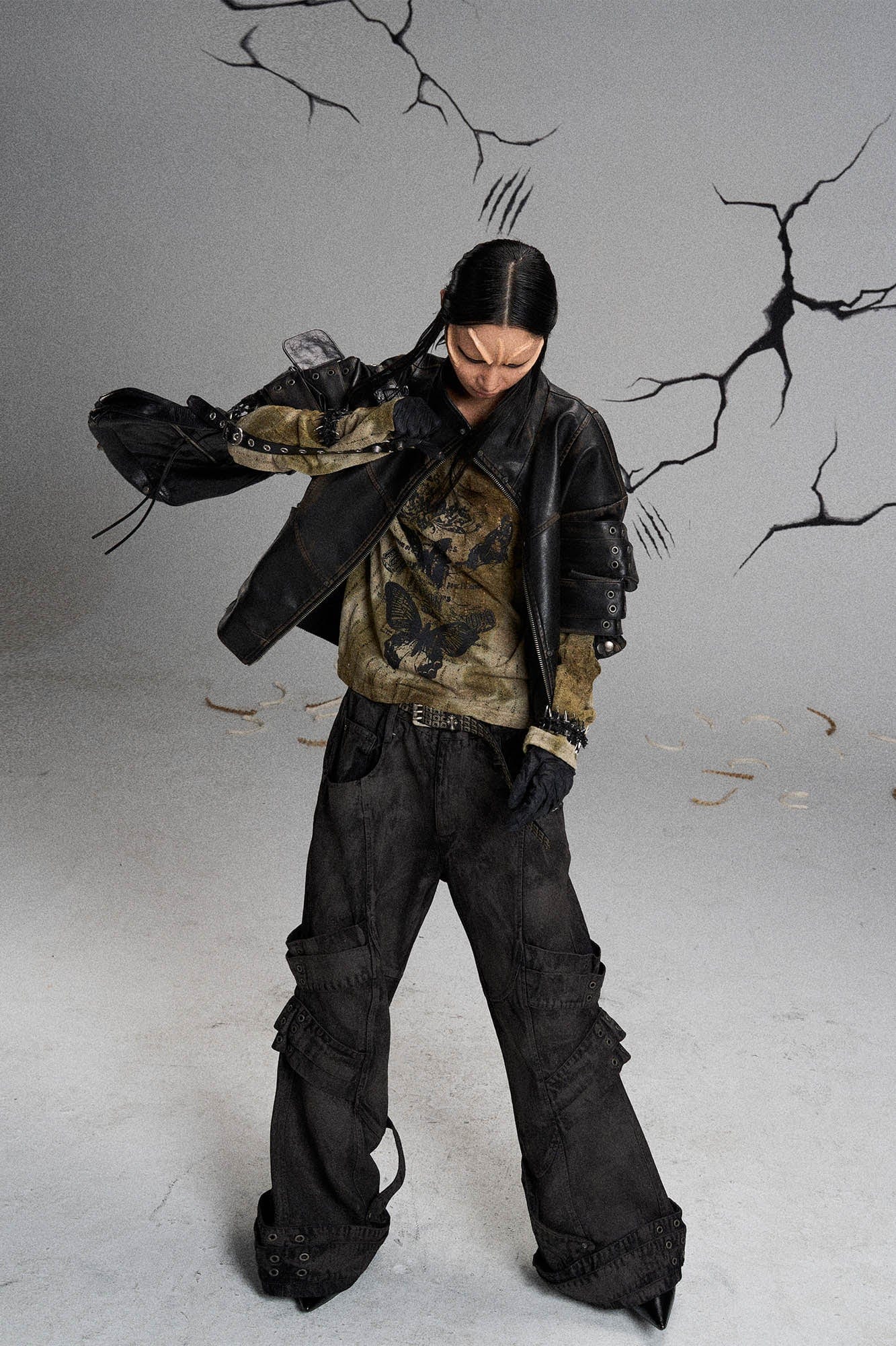 FLYERRER Mutation Layered Strap Distressed Wide-Leg Pants, premium urban and streetwear designers apparel on PROJECTISR.com, FLYERRER