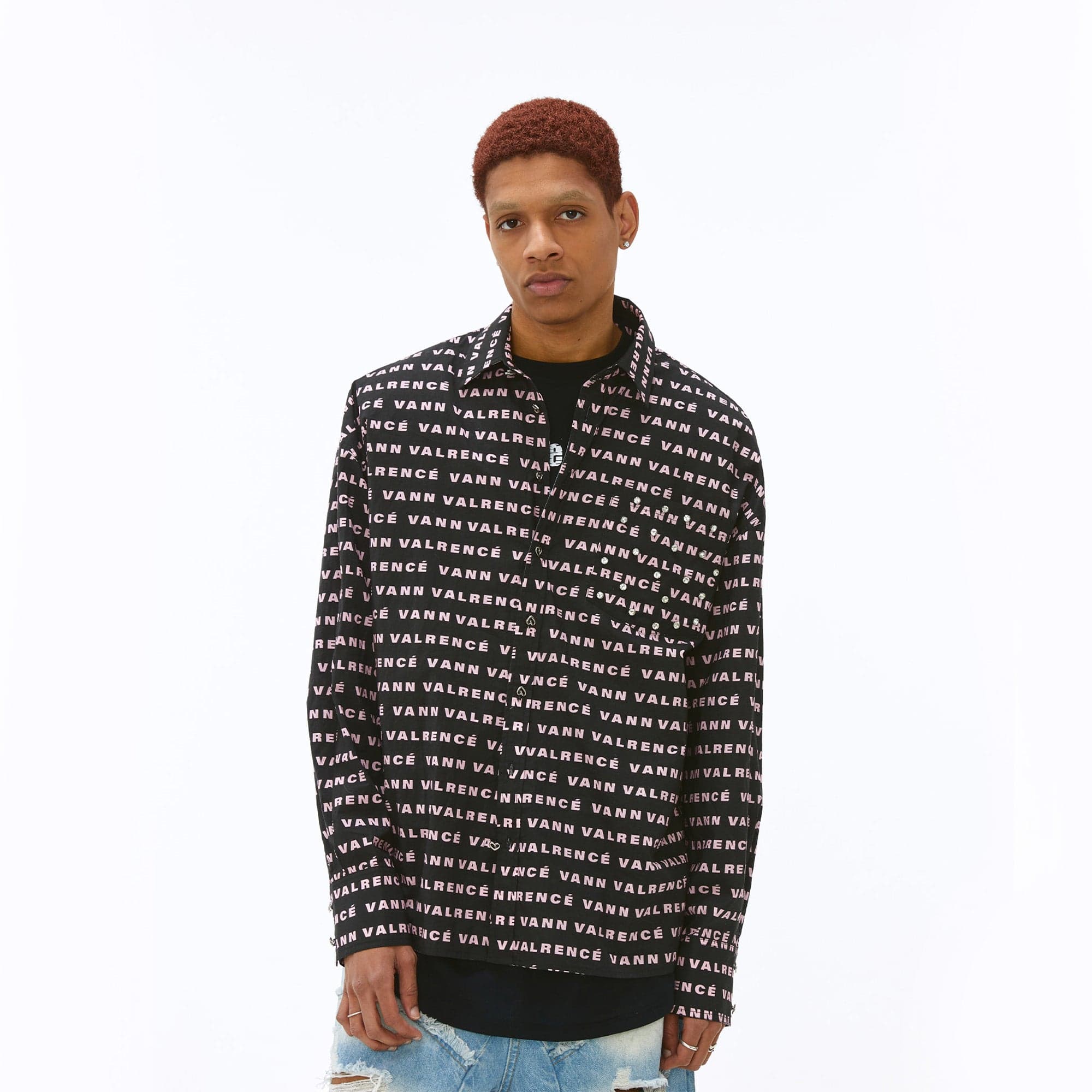 VANN VALRENCE Monogram Crystal-Studded Oversized Shirt, premium urban and streetwear designers apparel on PROJECTISR.com, VANN VALRENCE