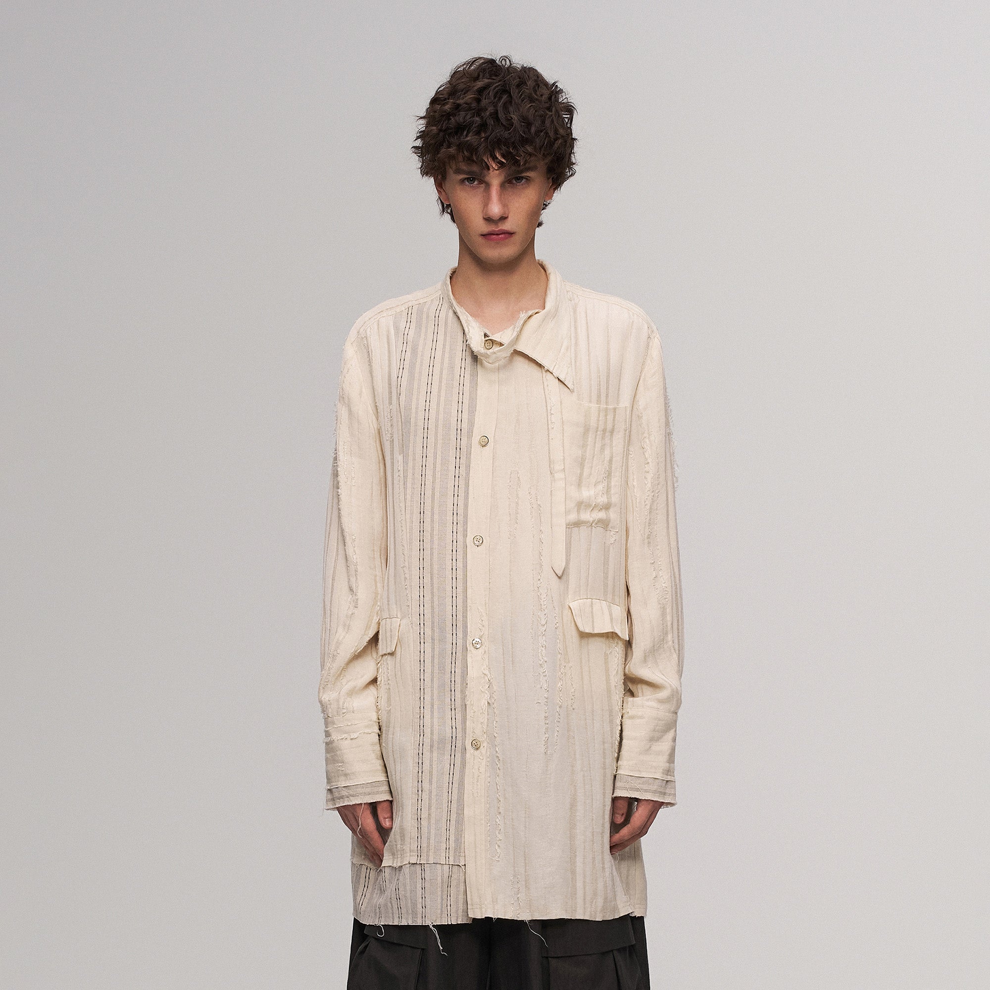 ILNya Nieternite Nifutur Deconstructed Stripe Stich Raw Long Shirt Beige