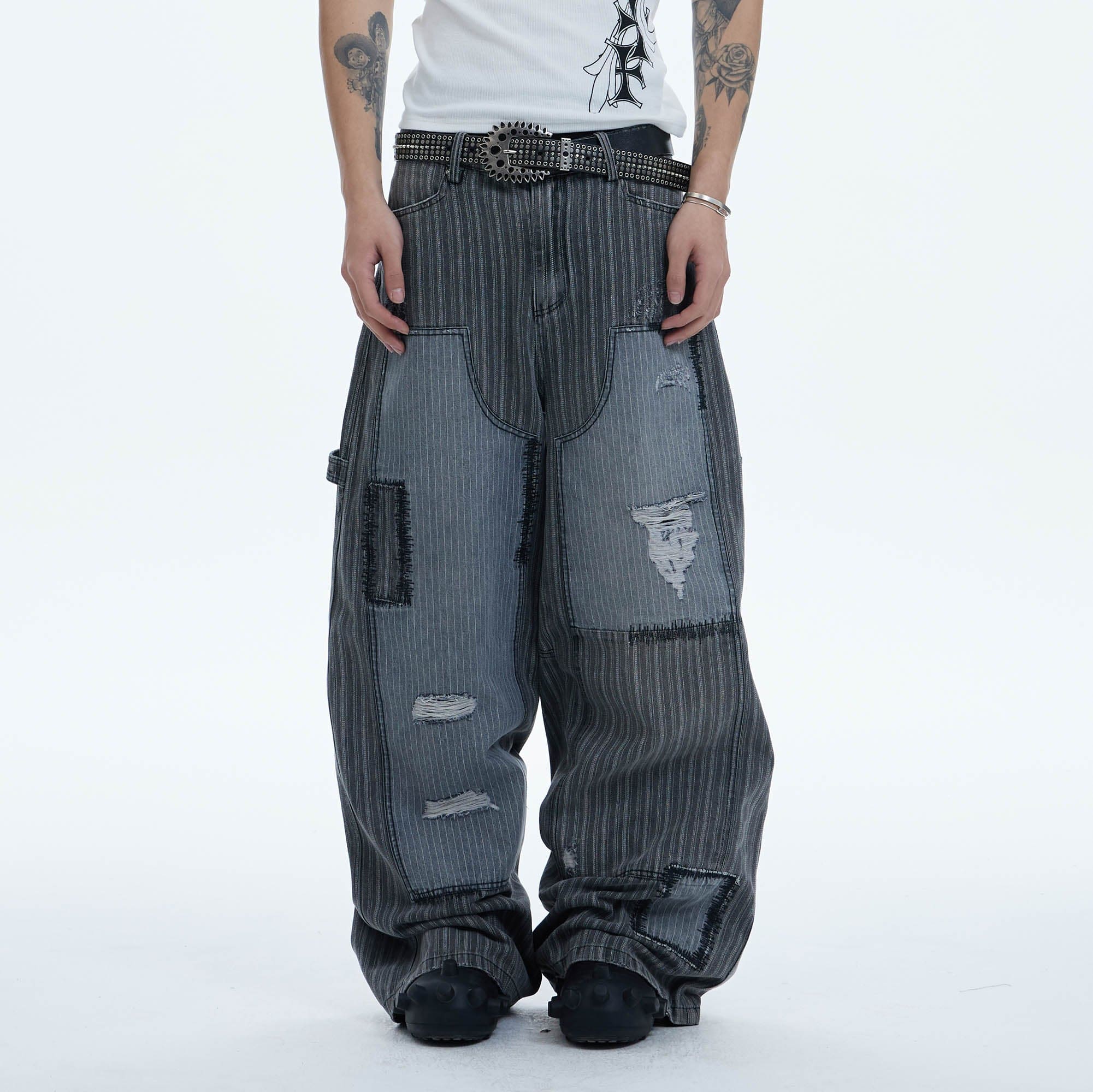 DND4DES Striped Patchwork Distressed Baggy Jeans, premium urban and streetwear designers apparel on PROJECTISR.com, DND4DES