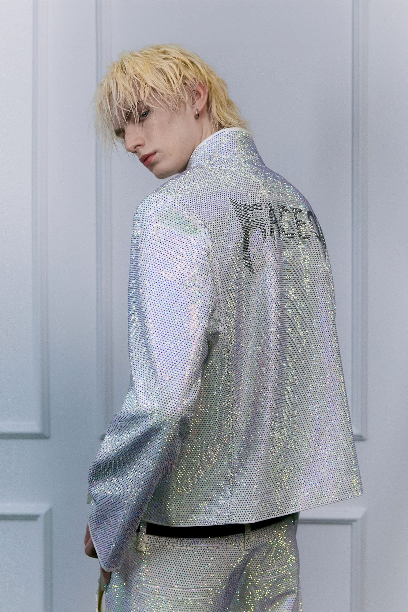 FACEONLAB Iridescent Diamond Mandarin Collar Jacket, premium urban and streetwear designers apparel on PROJECTISR.com, FACEONLAB