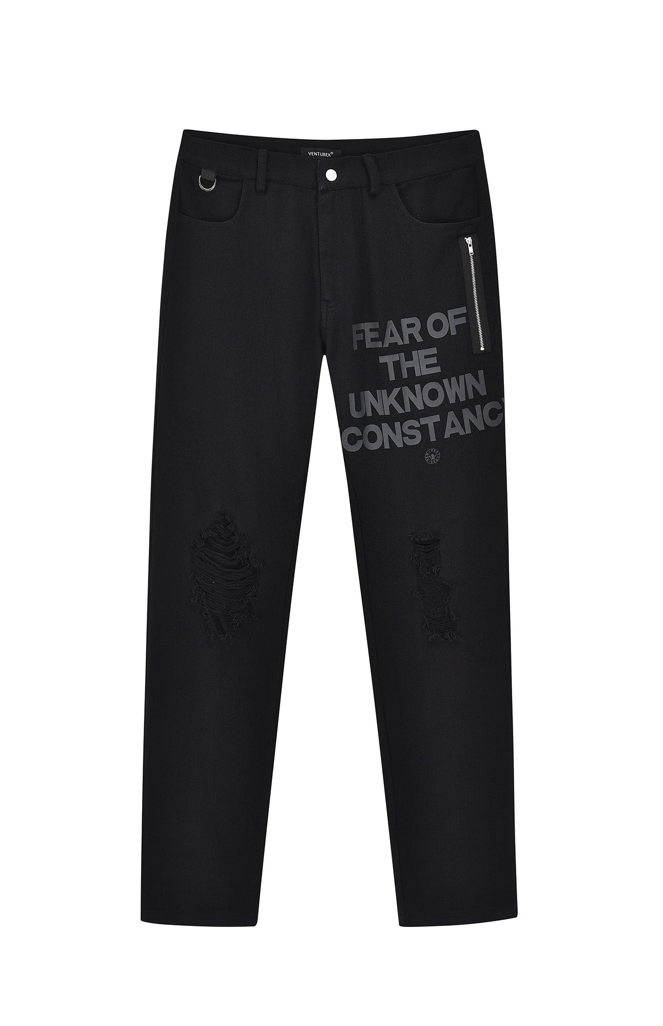 VENTUREK Distressed Zippered-Hem Slogan Slim Pants, premium urban and streetwear designers apparel on PROJECTISR.com, VENTUREK