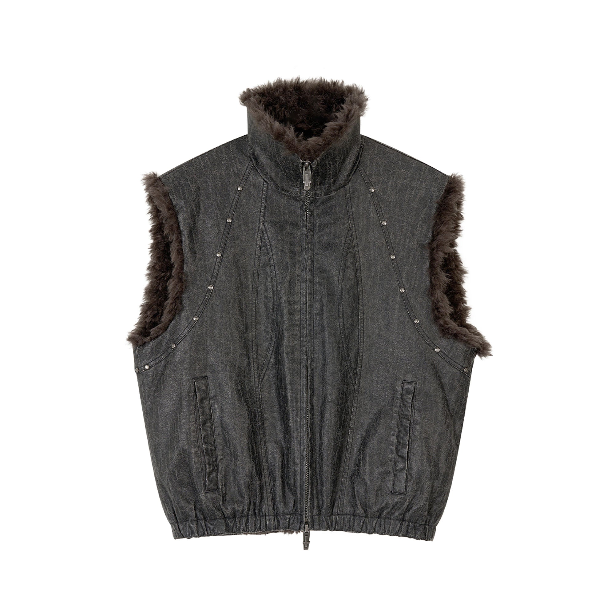 SAVAGEGROWTHWORLD Washed Faux Fur Lining Studded Vest