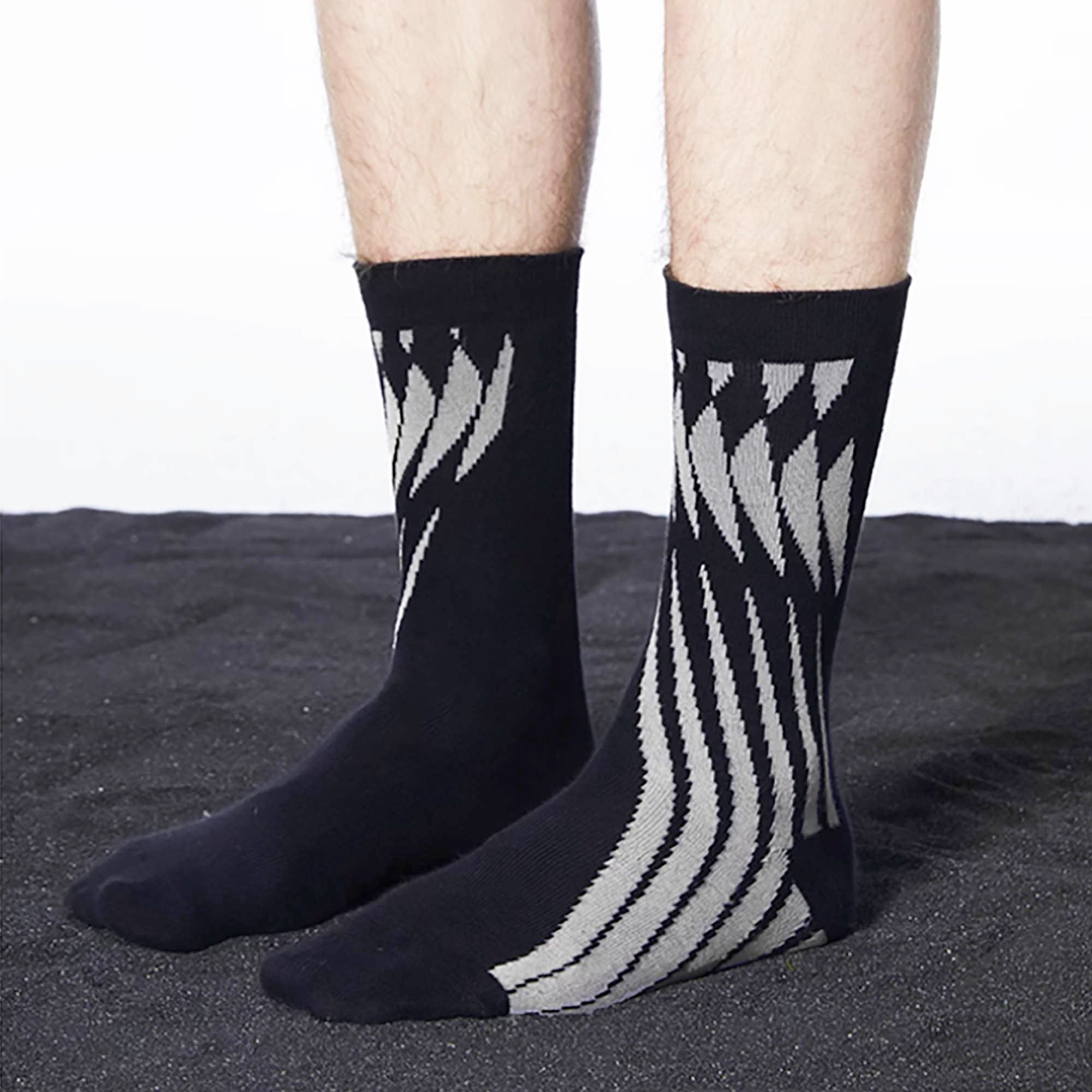 LOSTNFOUND Geometric Crew Socks Black, premium urban and streetwear designers apparel on PROJECTISR.com, LOSTNFOUND