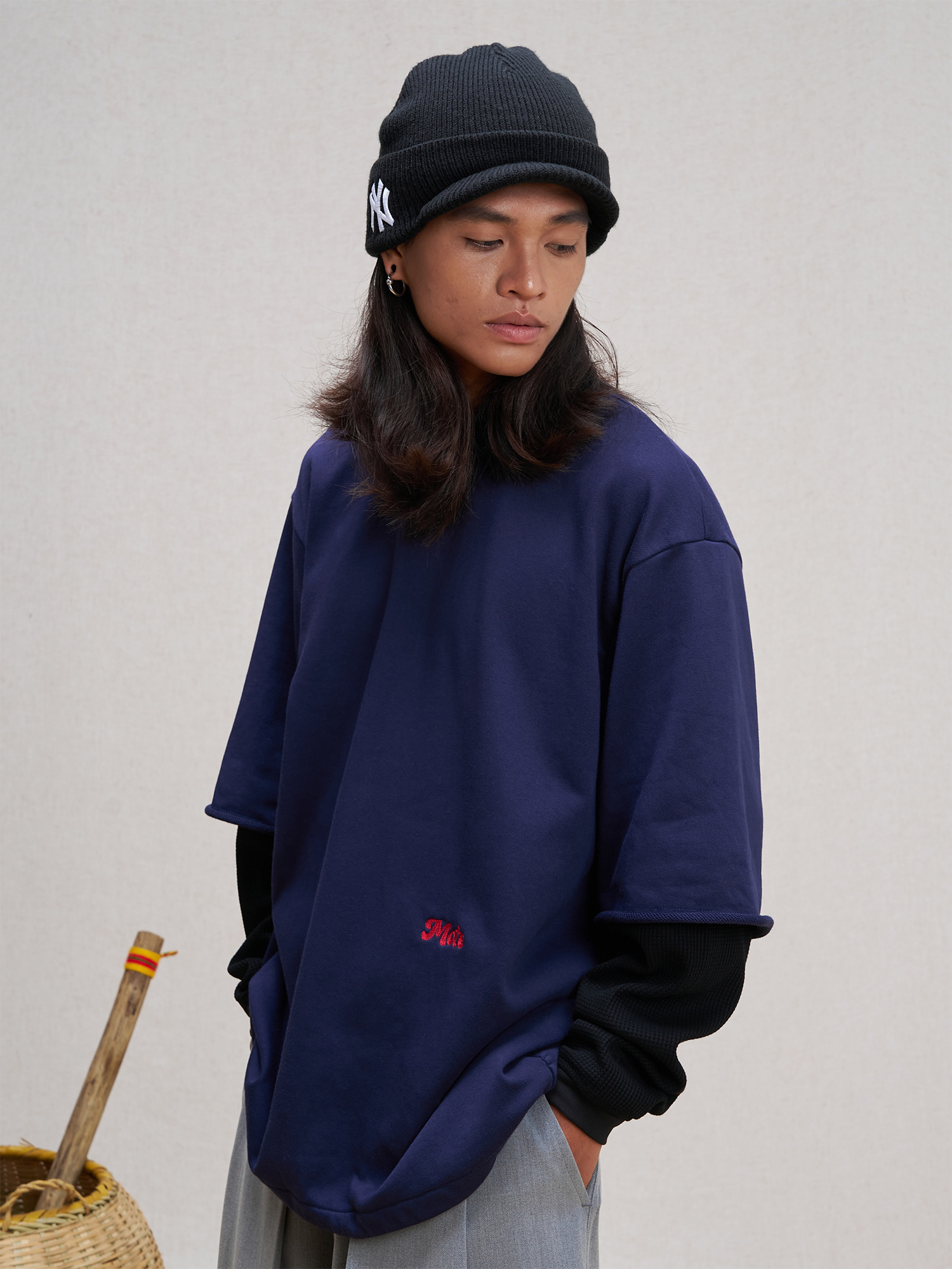 UNLIMITED MOTE Waffle Sleeve Layered Drawstring Hem Sweatshirt
