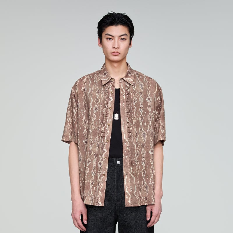 OPICLOTH Retro Woodgrain Full-Print Ruffle Half Shirt, premium urban and streetwear designers apparel on PROJECTISR.com, OPICLOTH