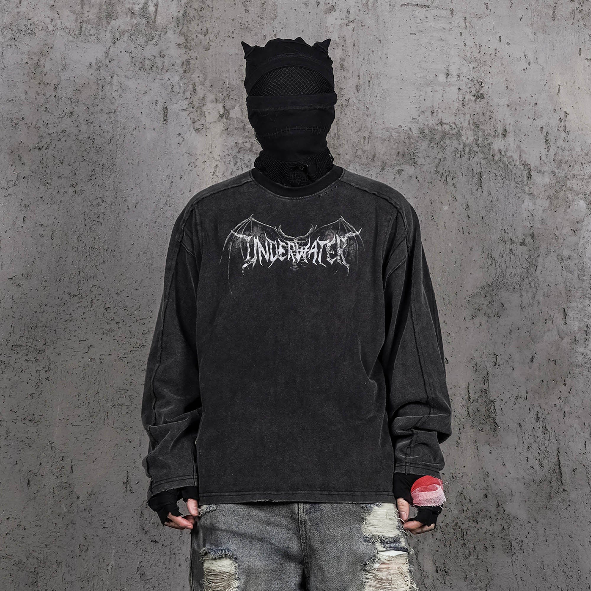 UNDERWATER Hellbound Wing Distressed Spliced Long-Sleeve Tee, premium urban and streetwear designers apparel on PROJECTISR.com, UNDERWATER