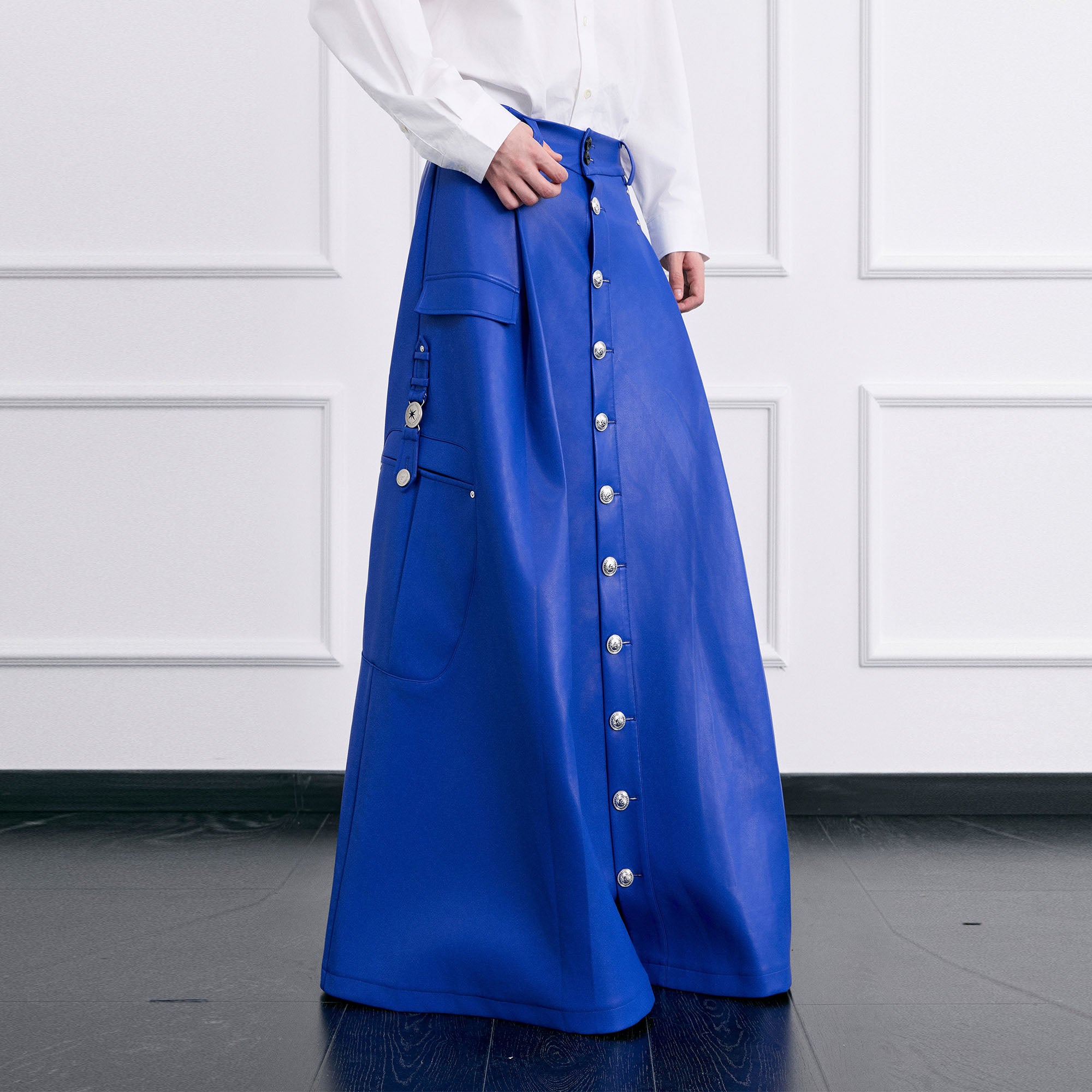 FACEONLAB Utility Faux Leather Buttoned Maxi Skirt, premium urban and streetwear designers apparel on PROJECTISR.com, FACEONLAB