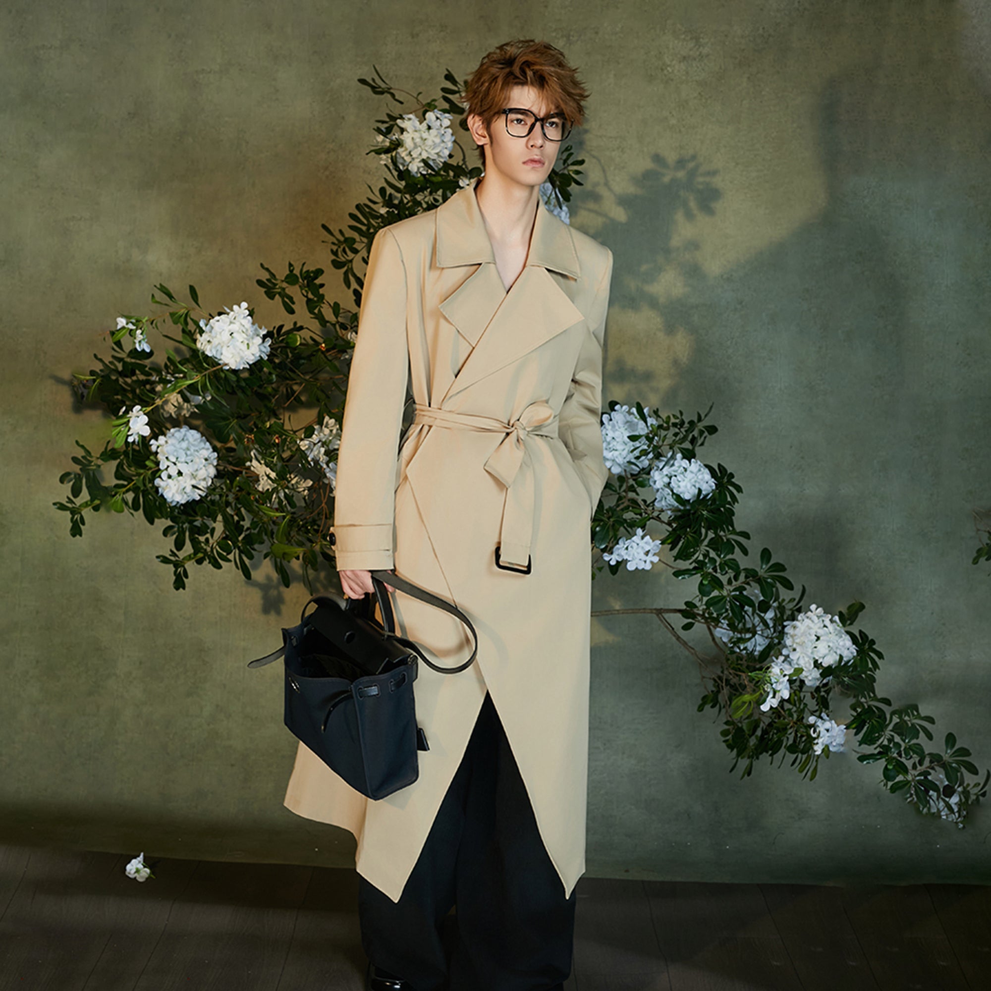 JIECHI Detachable Jacquard Cape Belted Coat